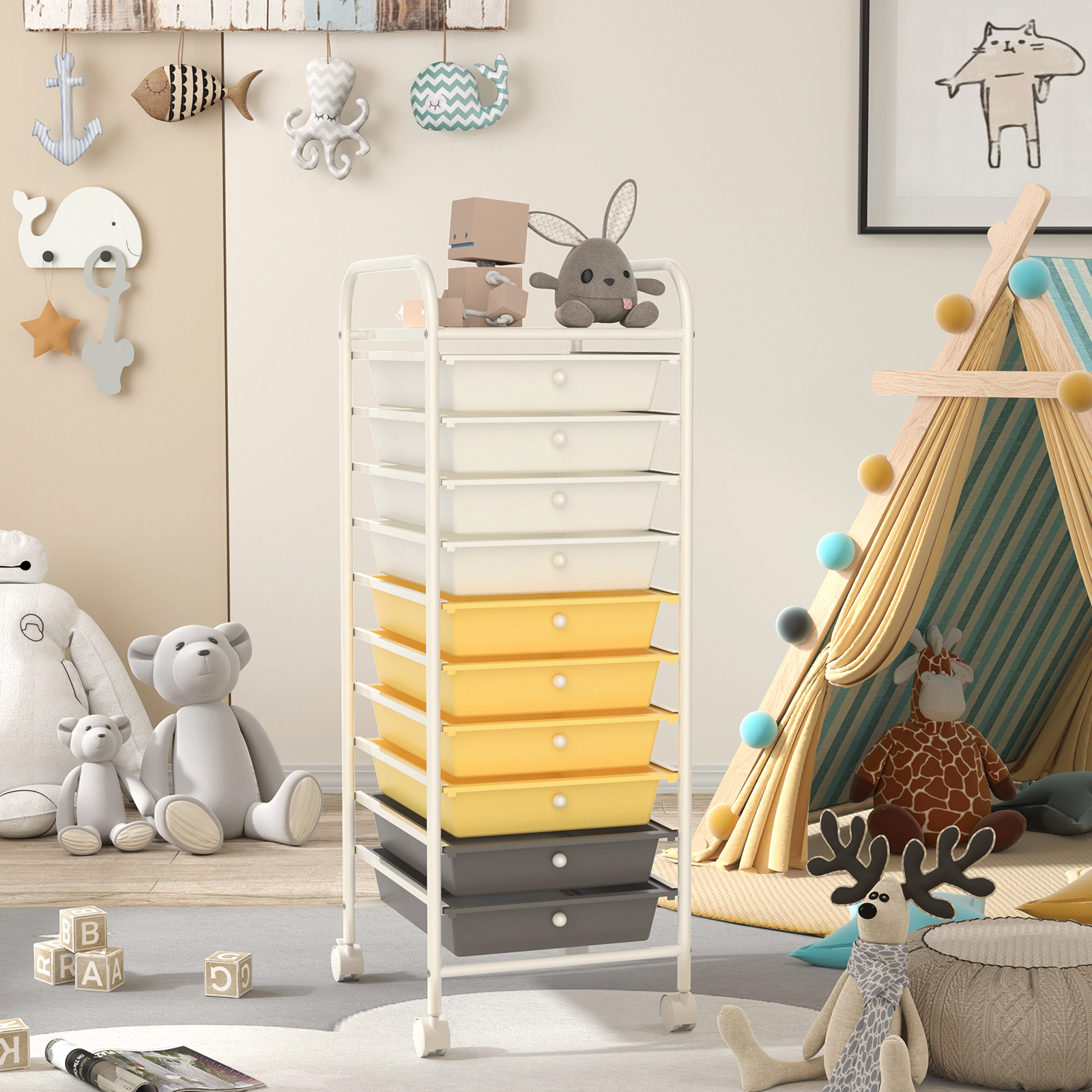 SUGIFT 10-Drawer Rolling Storage Cart Organizer with 4 Universal Casters 3-lb Drawer Capacity Yellow