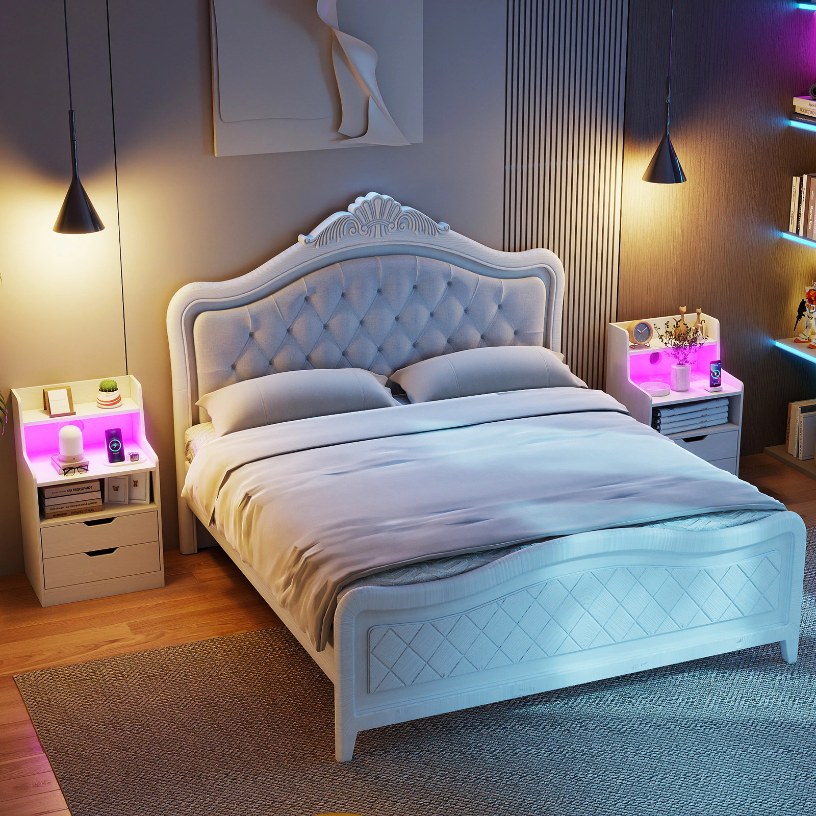 SUGIFT 28.5-Inch White LED Nightstand with Storage, Music Sync and Charging Station