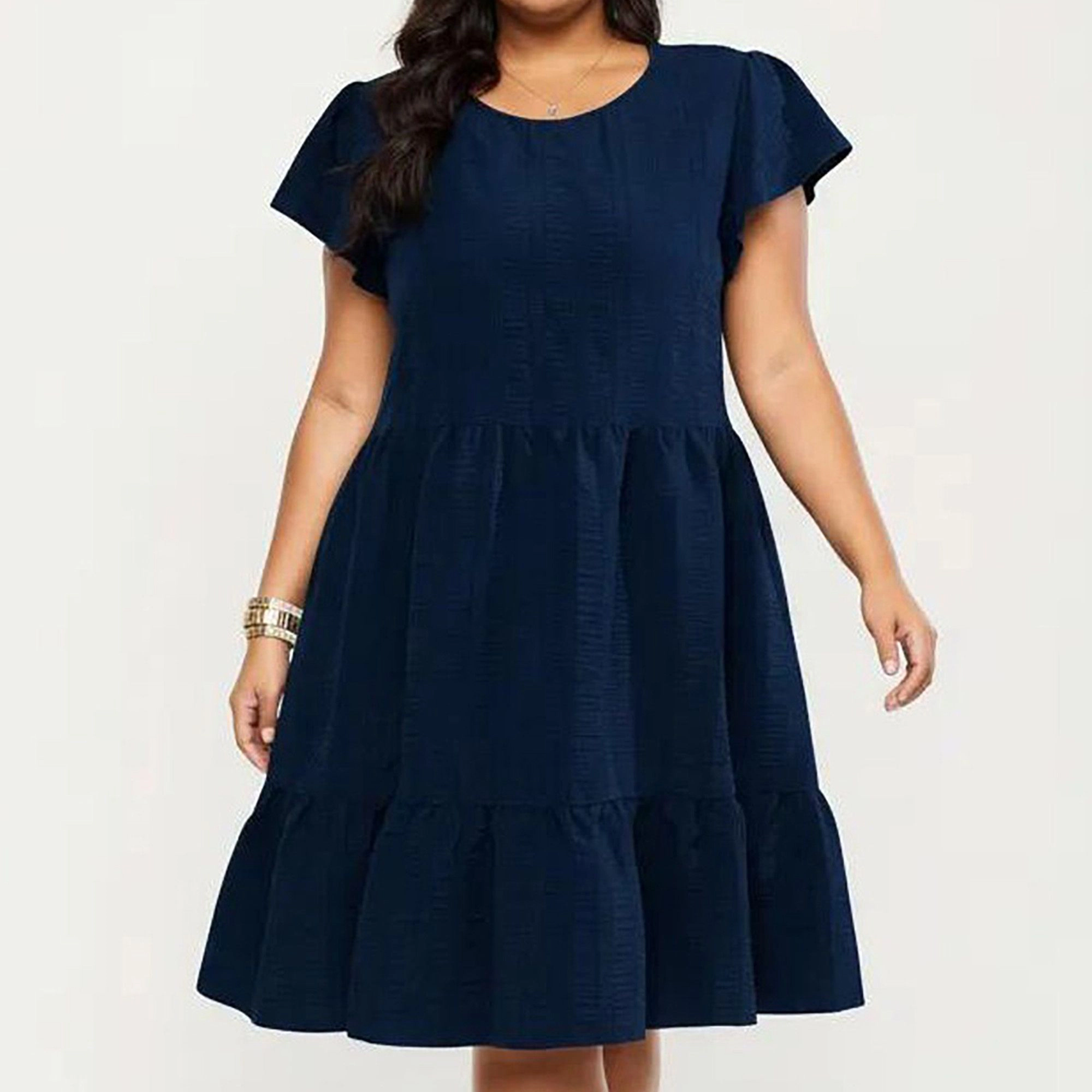 Anna-Kaci Women's Plus Textured Crew Neck Tiered Skirt Ruffle Sleeve Detail Flowy Babydoll Fit Dress