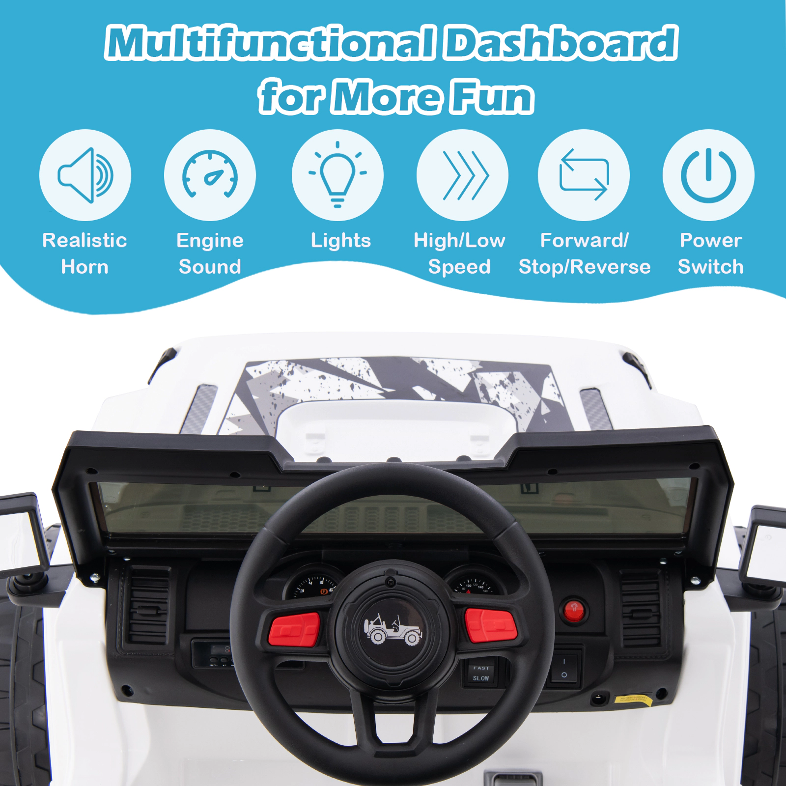 SUGIFT 12V 77-lb Capacity White Off-Road Kids Ride On Car with 2.4G Remote Control Spring Suspension and 3 Speeds
