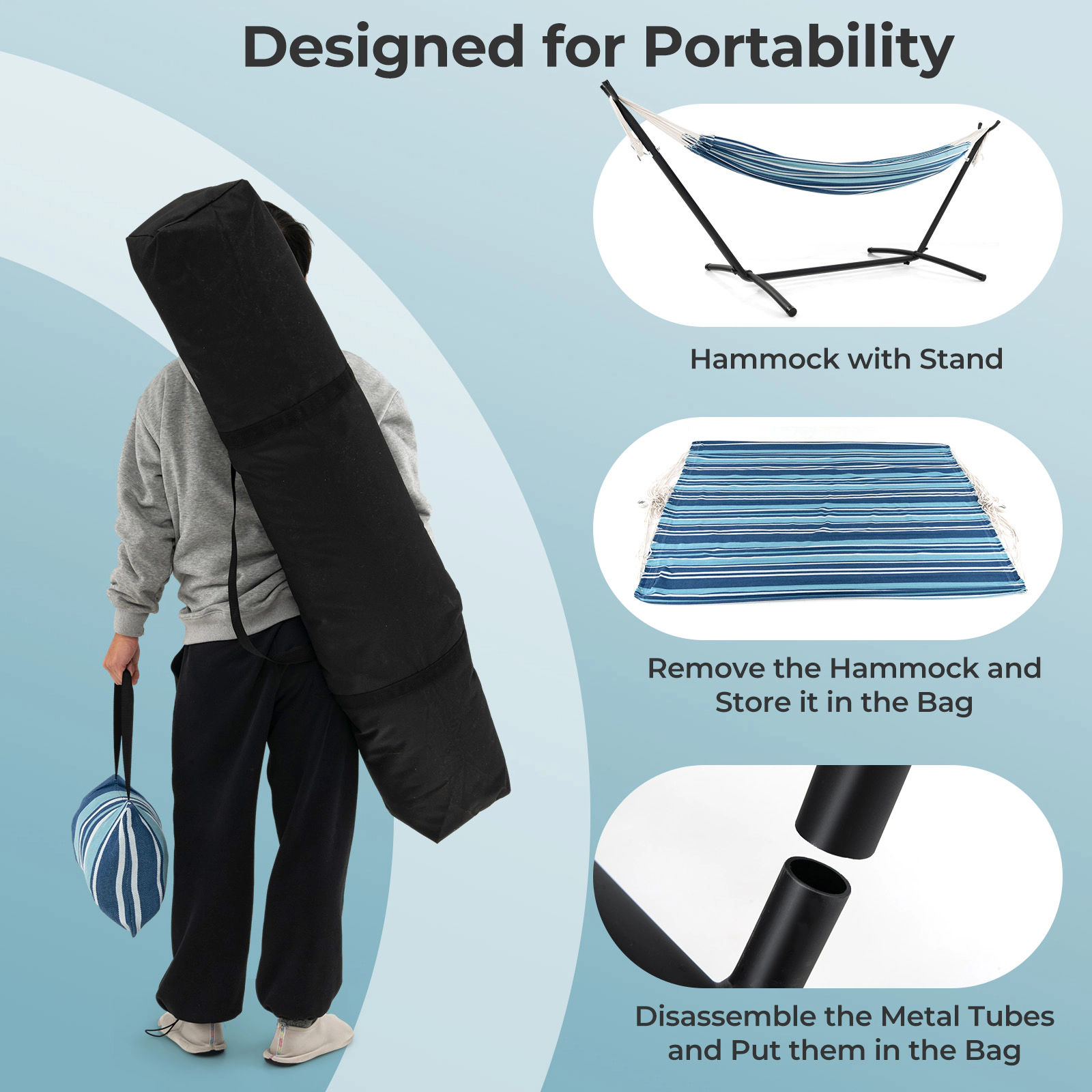 SUGIFT Blue 2-Person Hammock with 115-Inch Portable Metal Stand