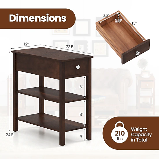 LJG 3-Tier Narrow End Table with Drawer and Storage Shelves