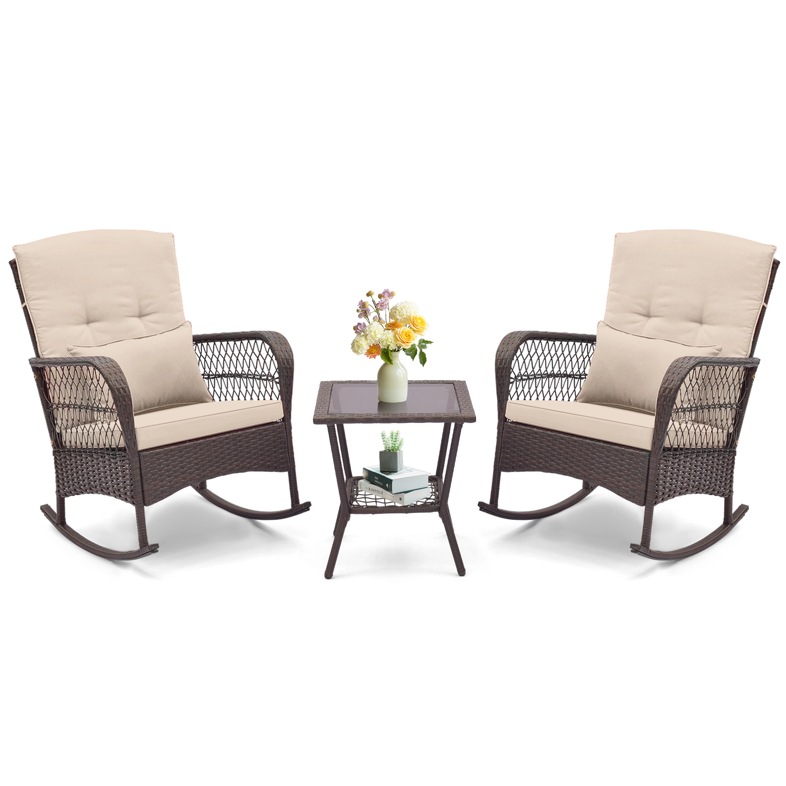 SUGIFT Rocking Conversation Bistro Set with 2-Tier Coffee Table 440-lb Capacity Mix Brown with Cushions