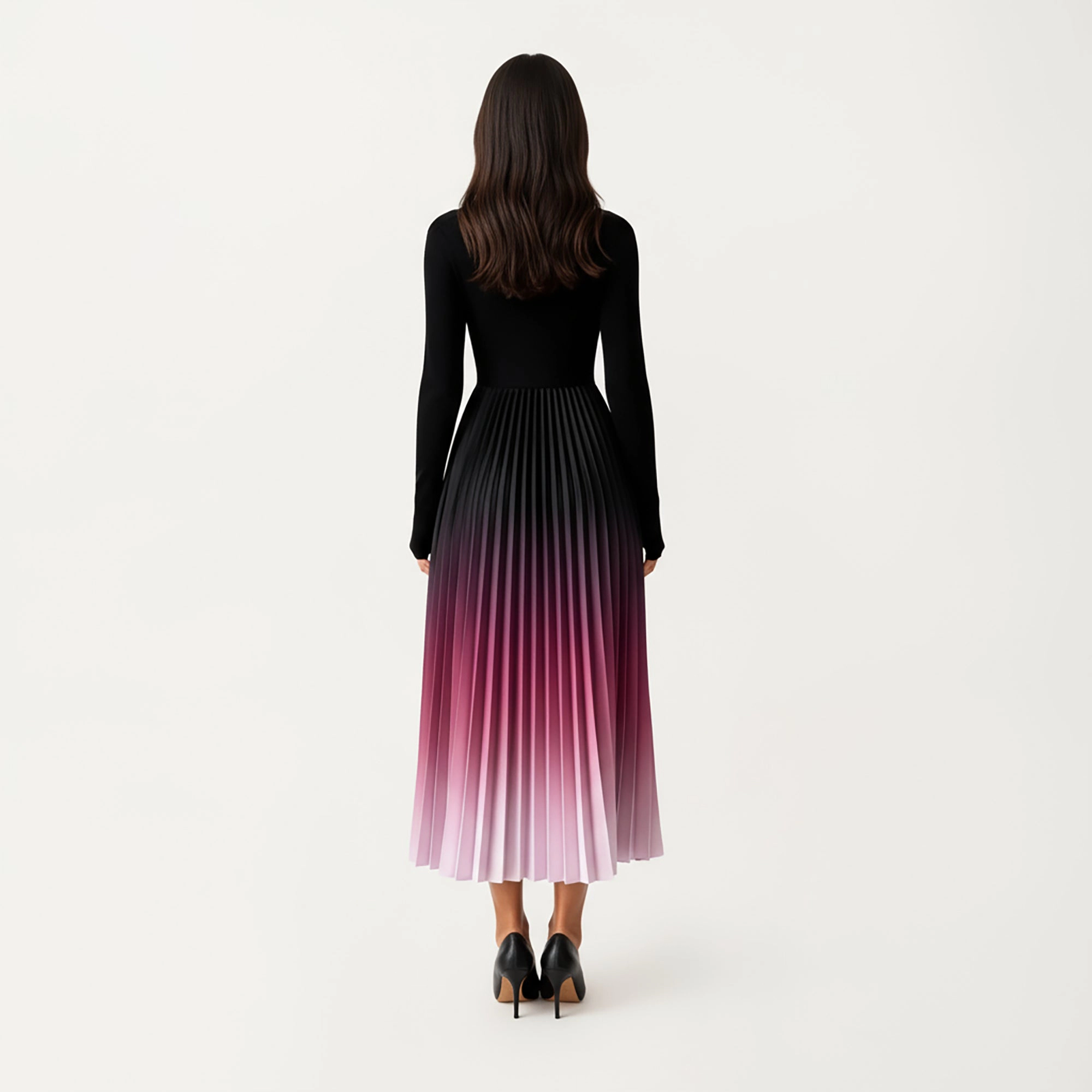 Anna-Kaci Womens Long Sleeve Pleated Ombre Maxi Dress