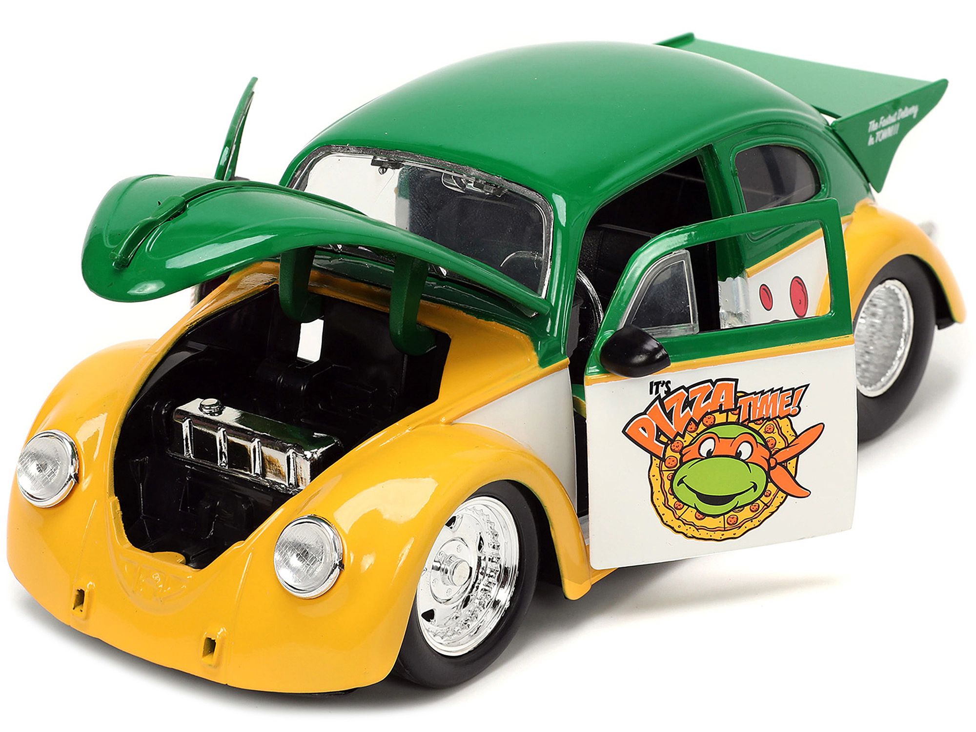 Jada 1959 Volkswagen Drag Beetle Green and Yellow and Michelangelo Diecast Figure "Teenage Mutant Ninja
