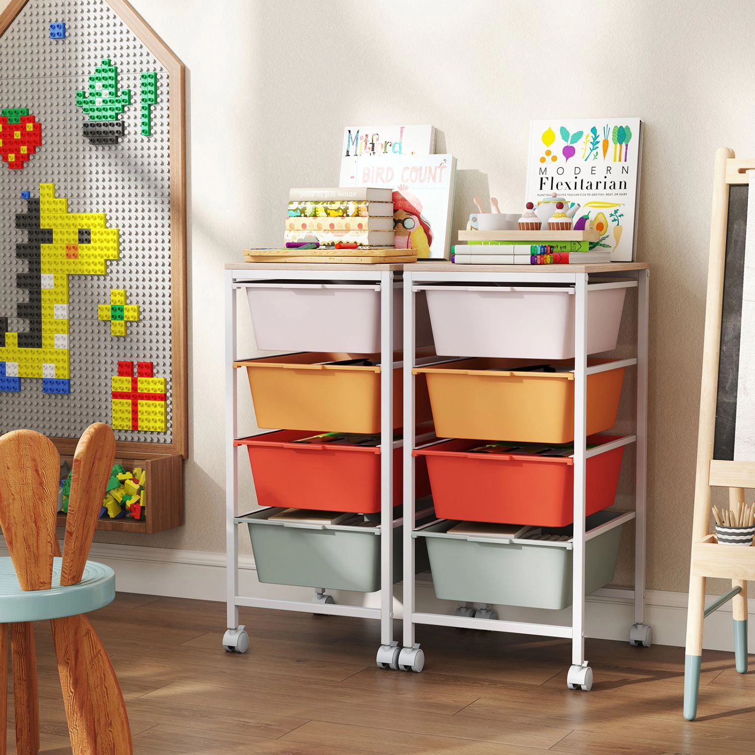 SlickBlue 4 Drawer Rolling Storage Cart with Wooden Top for Office Home Organization