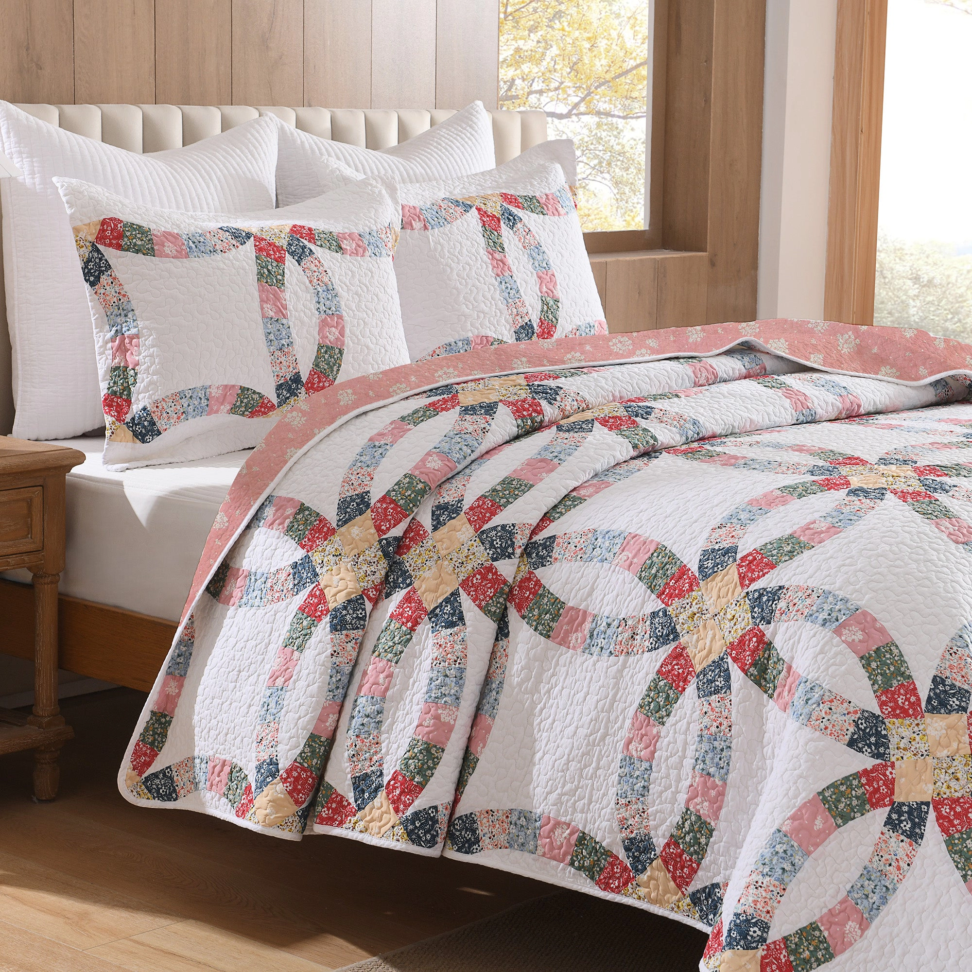 MarCielo 3 Pieces 100% Cotton Double-Ring Quilt Bedspread Set-Floral Reversible Bed Cover