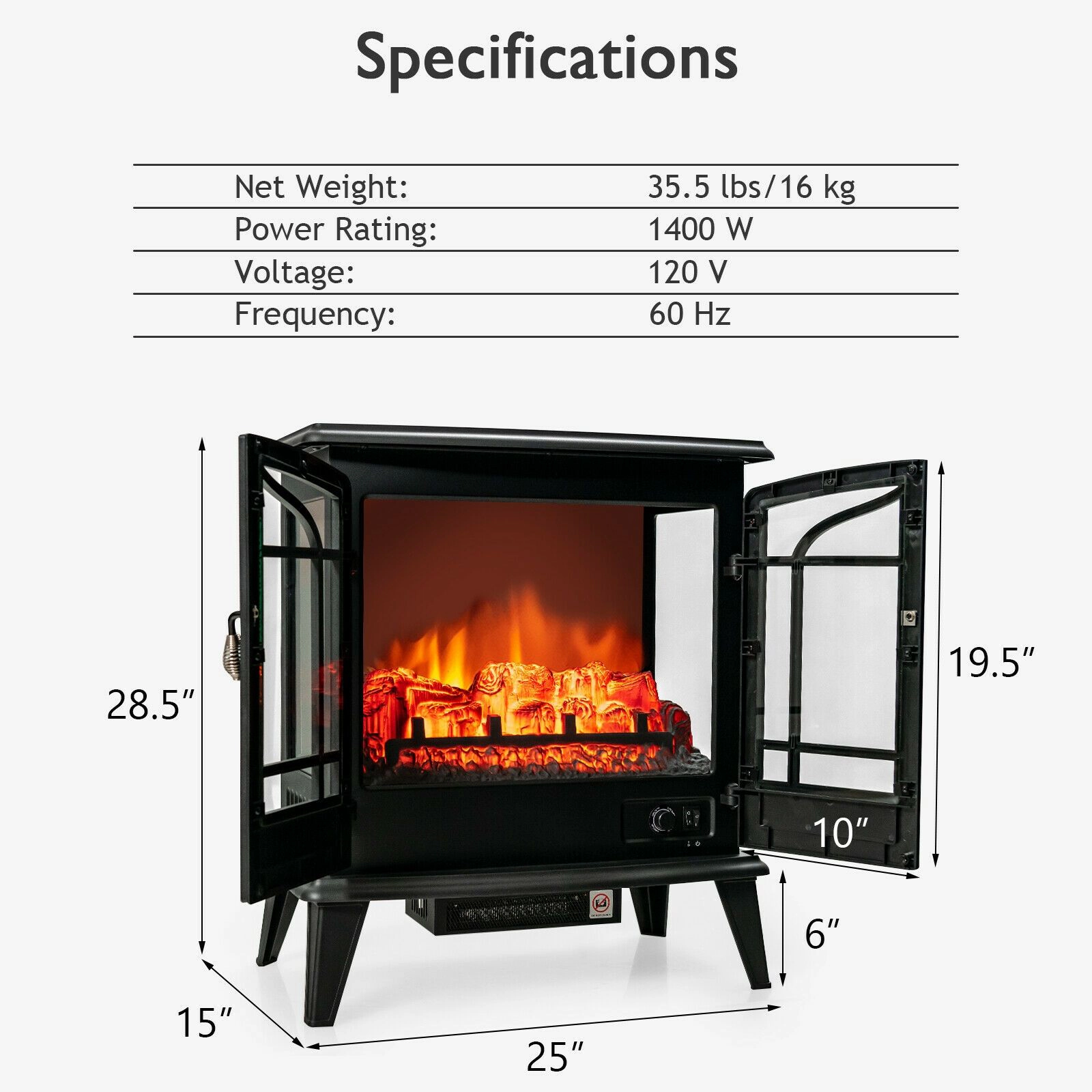 SlickBlue Black Iron Glass Electric Fireplace Heater, 1400W, 4777 BTU, 3-Sided Flame