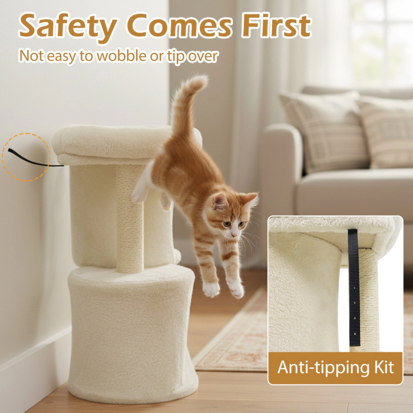 SUGIFT Multi-Level Cat Tree Tower with Large Padded Perch Dual Condos and Sisal Scratching Post 29-lb Capacity Beige