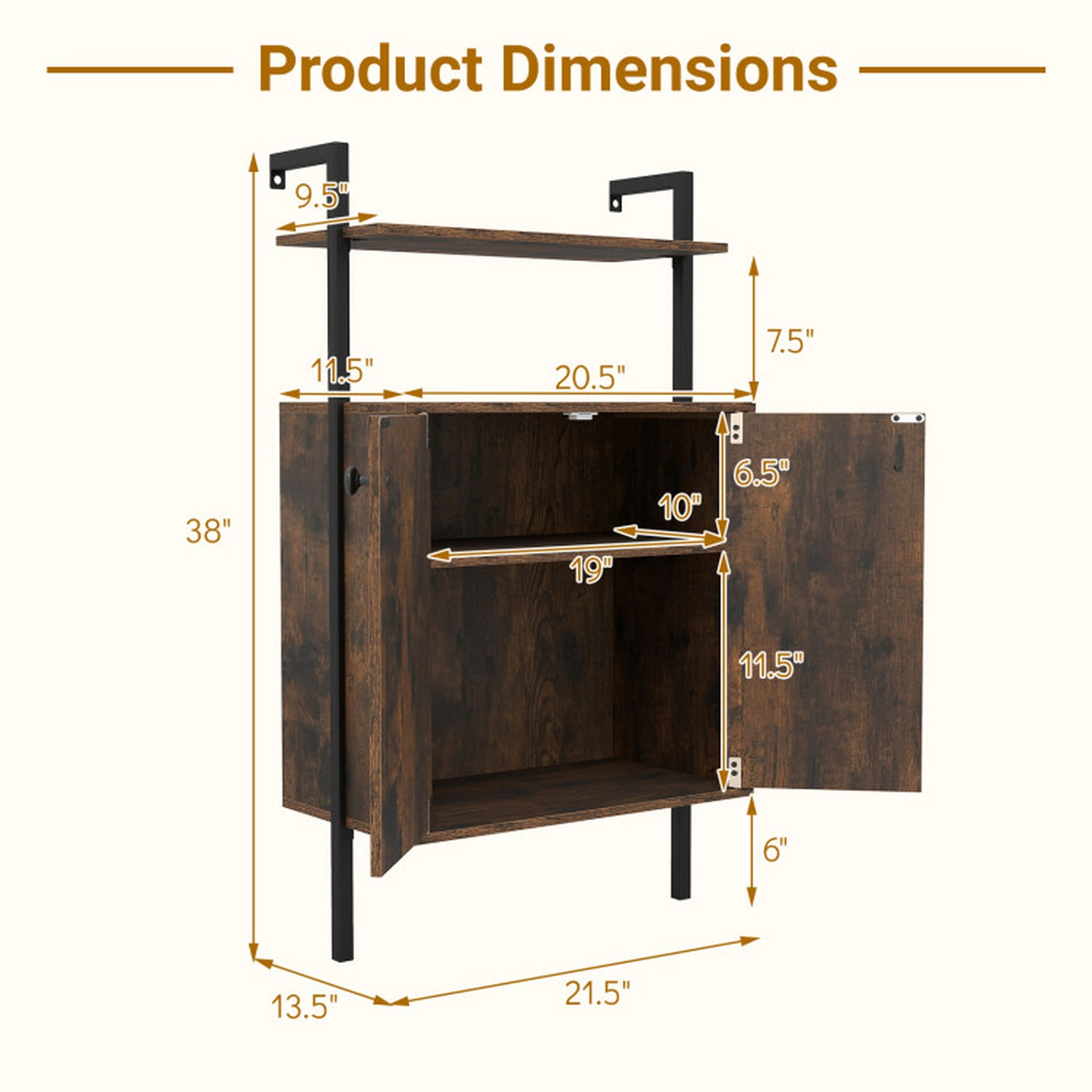 SUGIFT 132-lb Capacity Rustic Brown 2-Door Wall Mount Bookshelf with Storage Cabinet and Open Shelves