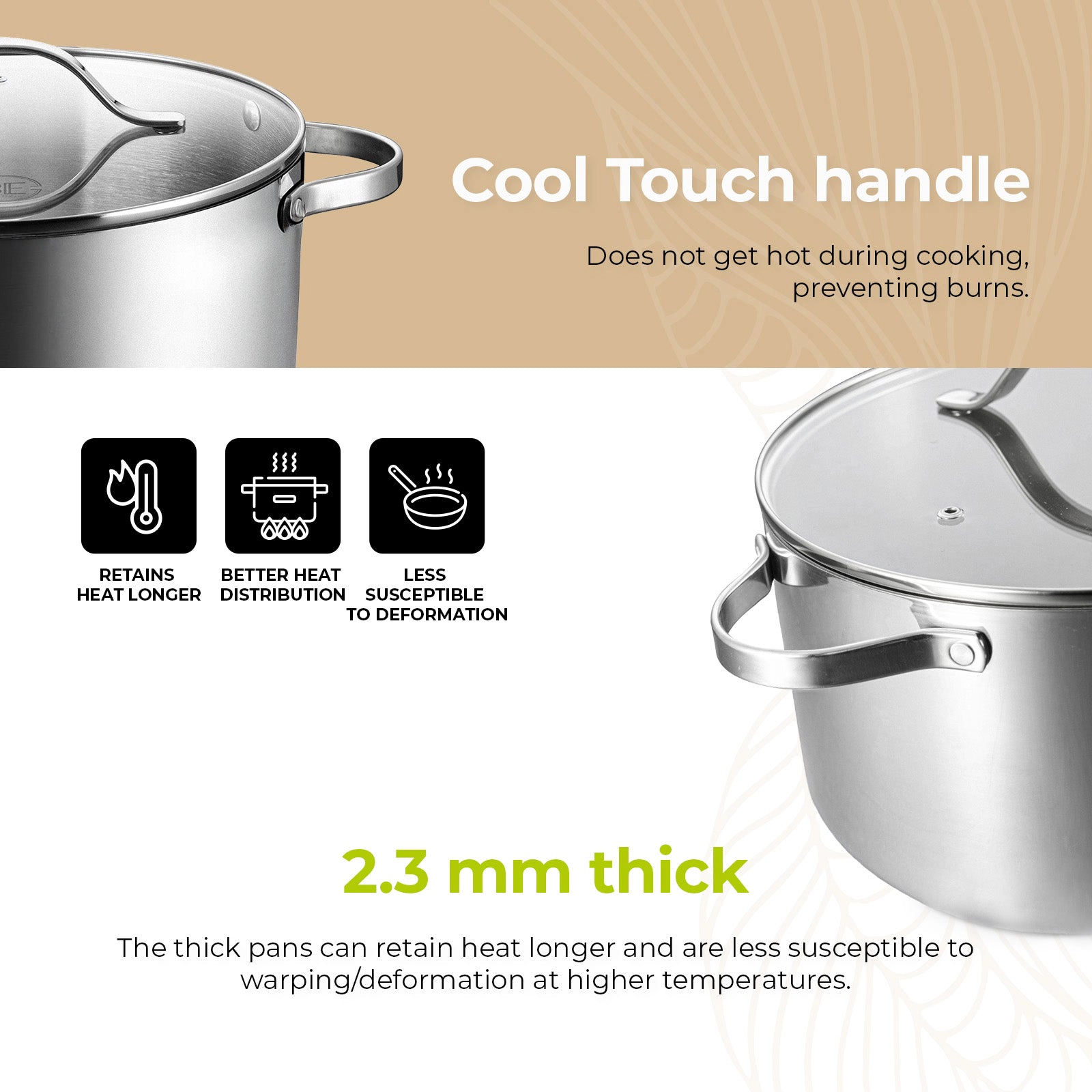 BE - LIVING Essential Series PFAS-free Tri-Ply Stainless Steel Stock Pot with Lid 10"
