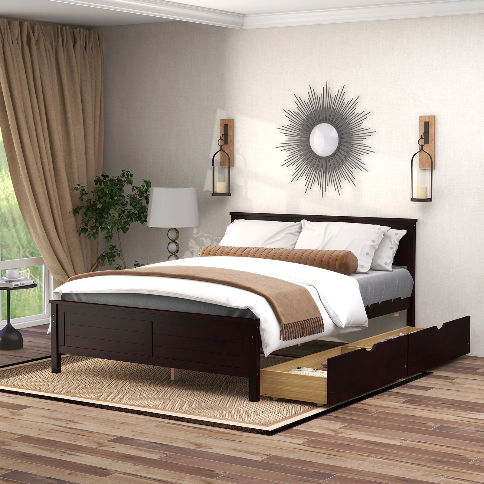 SUGIFT Full Platform Bed Frame, Espresso Wood, 2 Roll-Out Storage Drawers, Panel Headboard