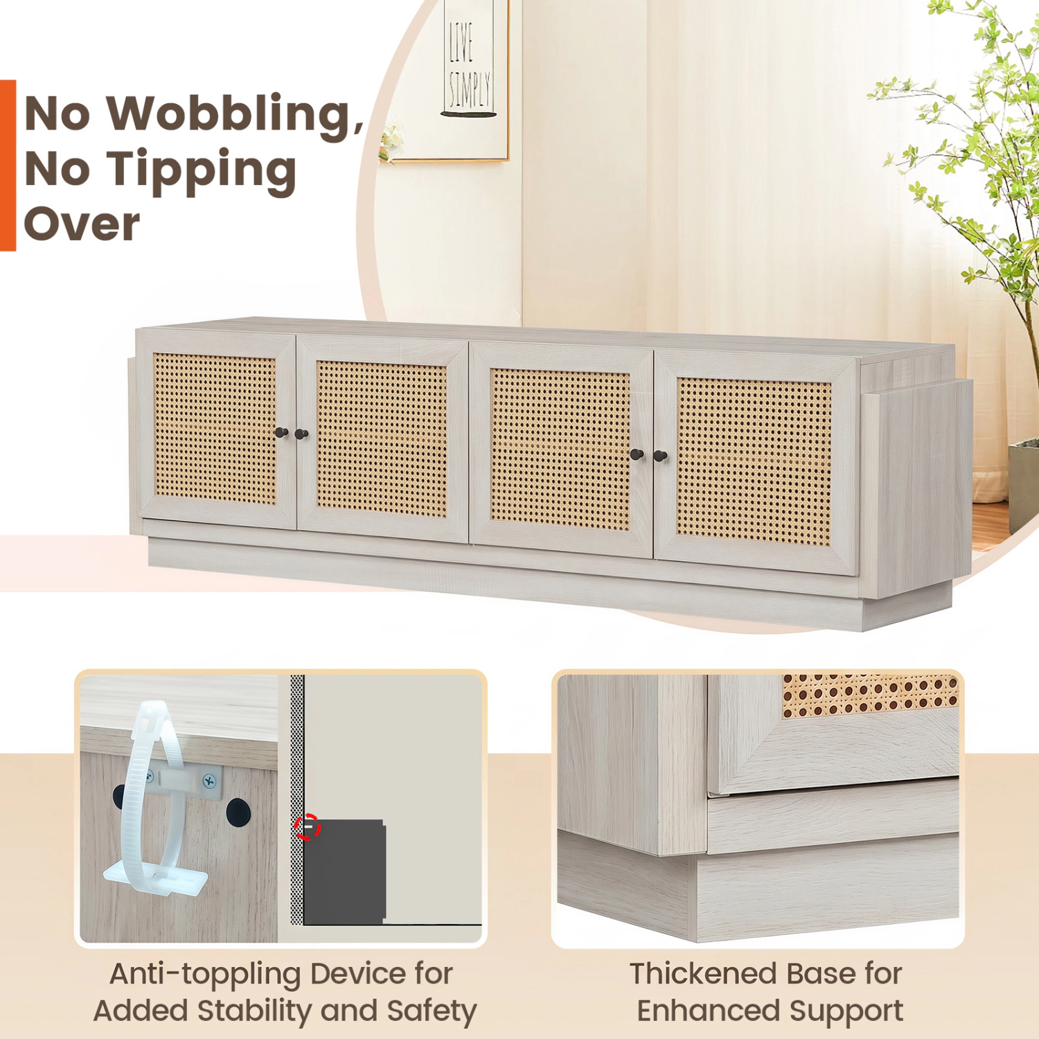 Glintex 70-Inch Farmhouse TV Stand with 4 Rattan Doors and 8 Cable Holes