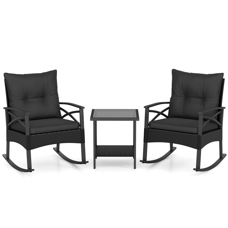 Hivvago 3 Pieces Outdoor Rattan Rocking Chairs Set With  2-Tier Side Table For Garden Backyard