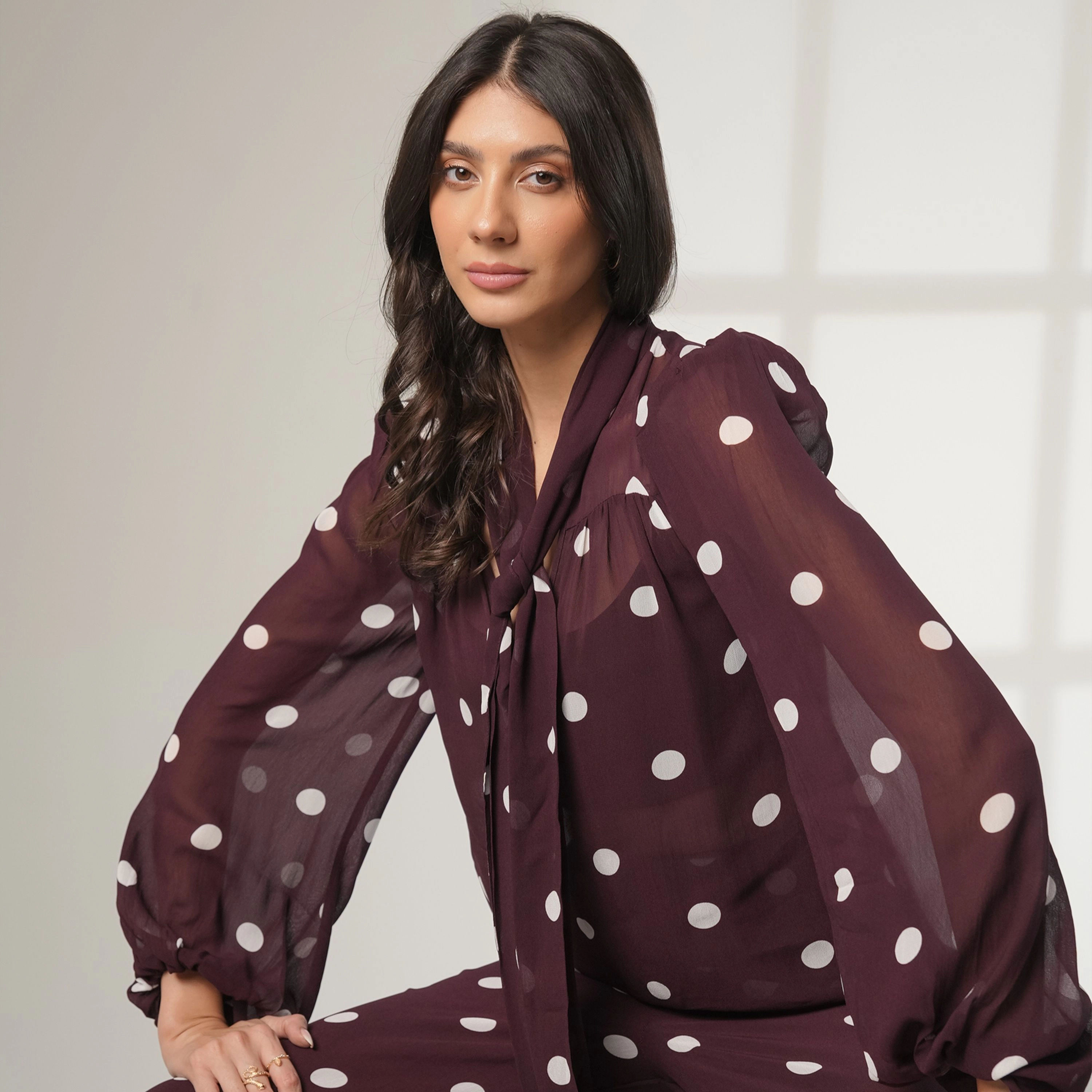Rose & Nancy Women's Saphi Burgundy Polka Dot Print Bow Blouse
