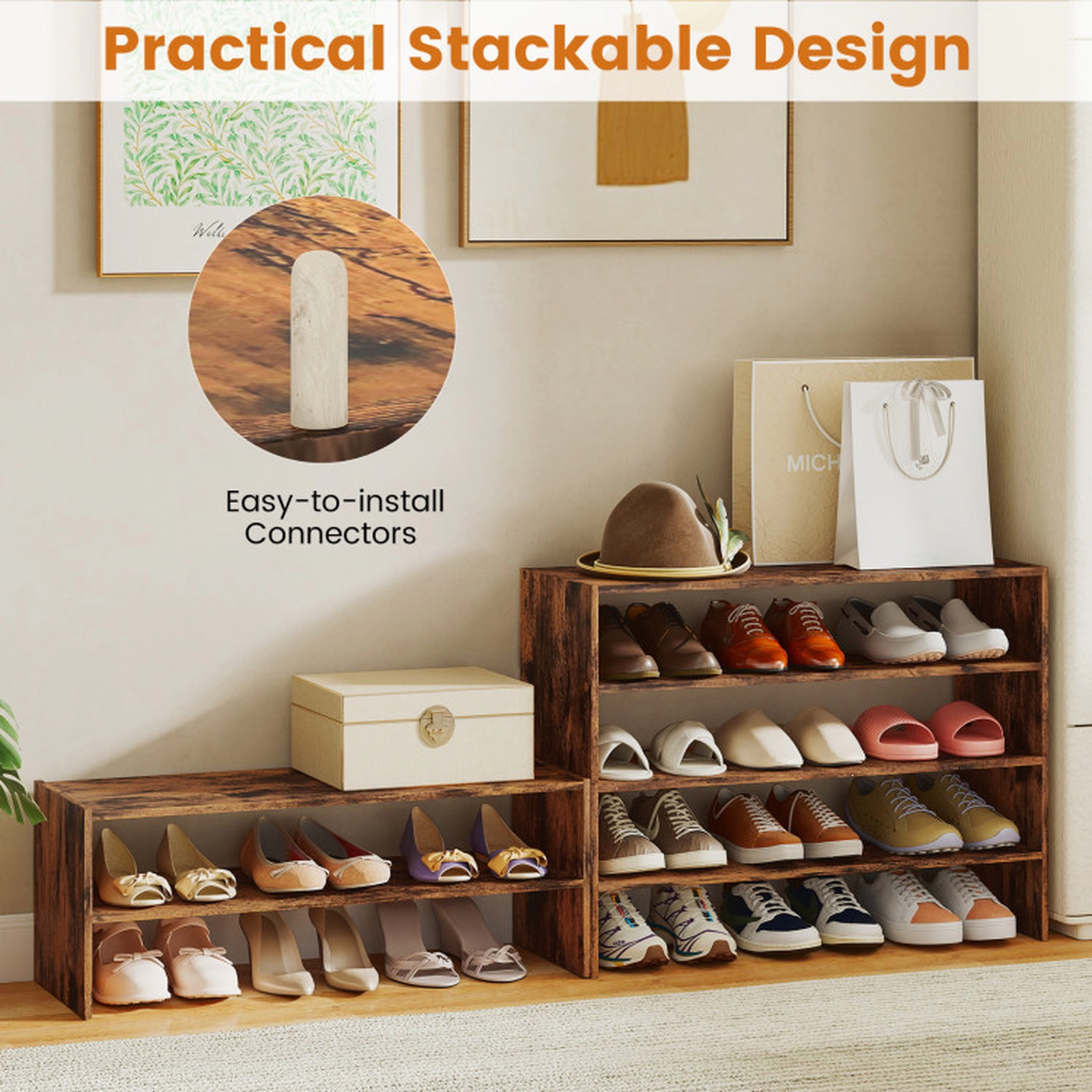 SUGIFT Rustic Brown Anti-Tipping Device 31 Inch Entryway Shoe Organizer 6-Tier Shoe Rack
