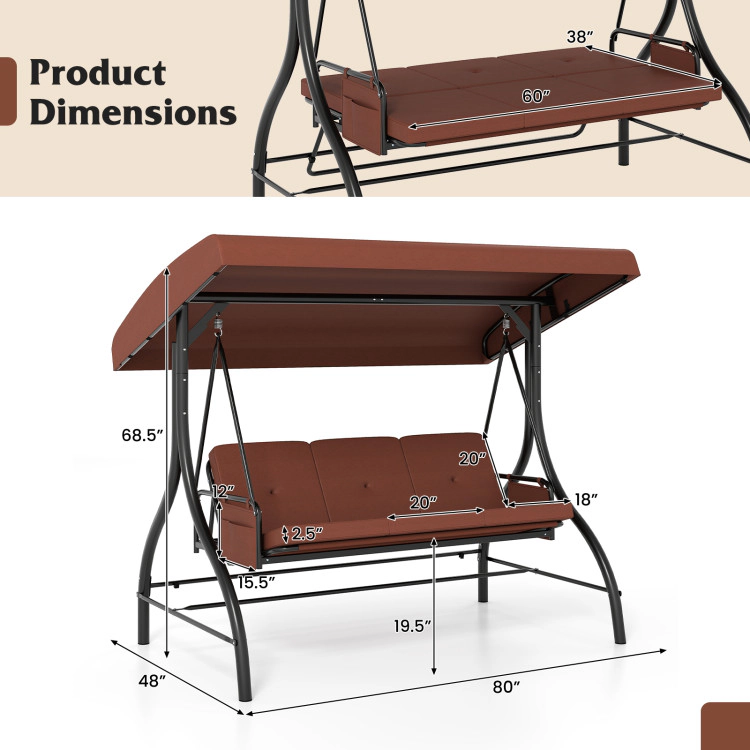 Hivvago 3-Piece Patio Swing With Canopy Removable Cushions And Side Pockets