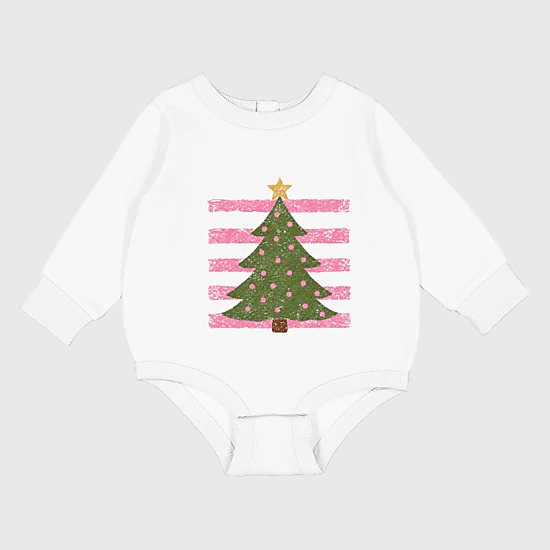 The Juniper Shop - Infant Fleece BodySuit - Christmas Tree Pink Stripes