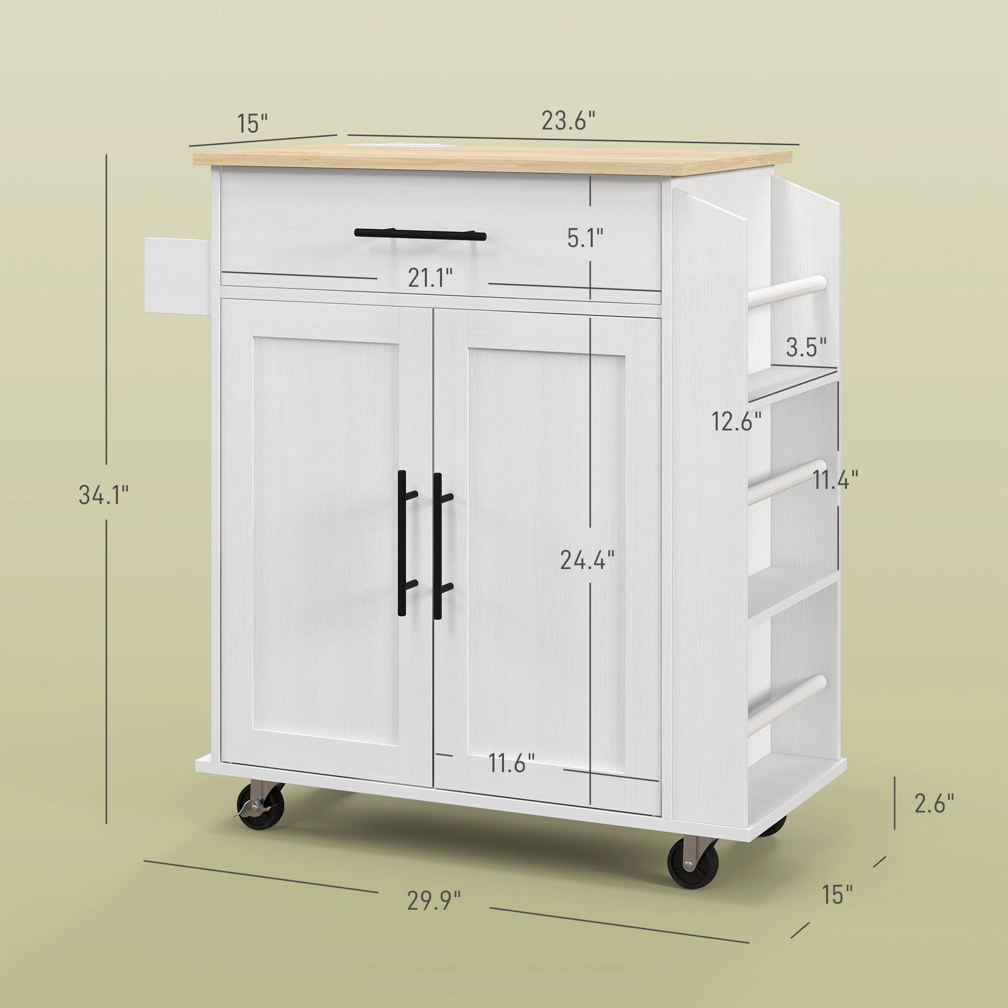 HONGGE White Rolling Kitchen Island Cart on Wheels with Power Outlets, Storage Drawer and Cabinet Doors