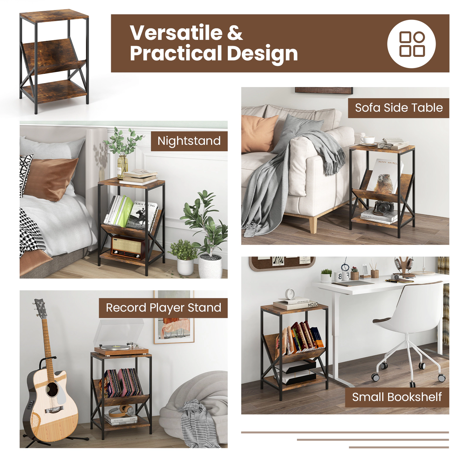 Glintex 3-Tier Industrial Side Table with V-Shaped Magazine Rack and Steel Frame, Rustic Brown