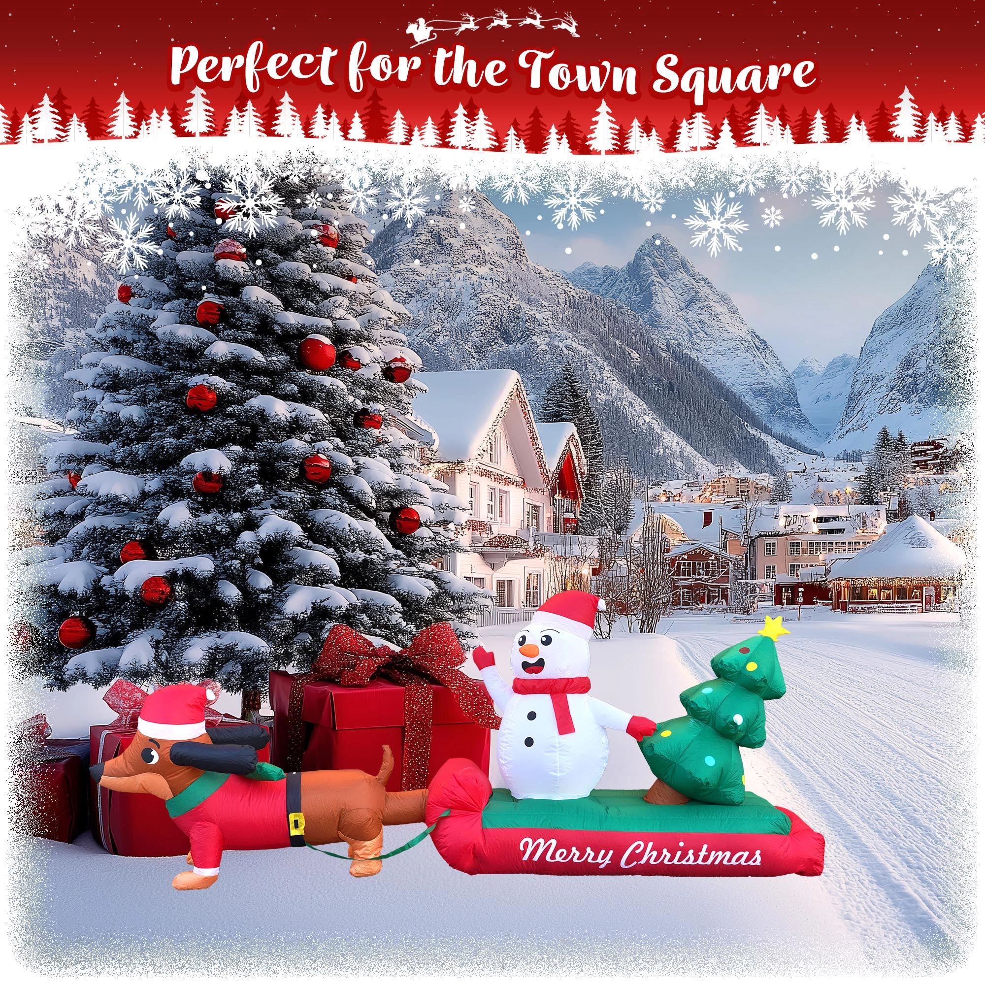 G128 10 ft Dachshund Santa Sled Inflatable with Snowman & Tree, LED Outdoor Decor