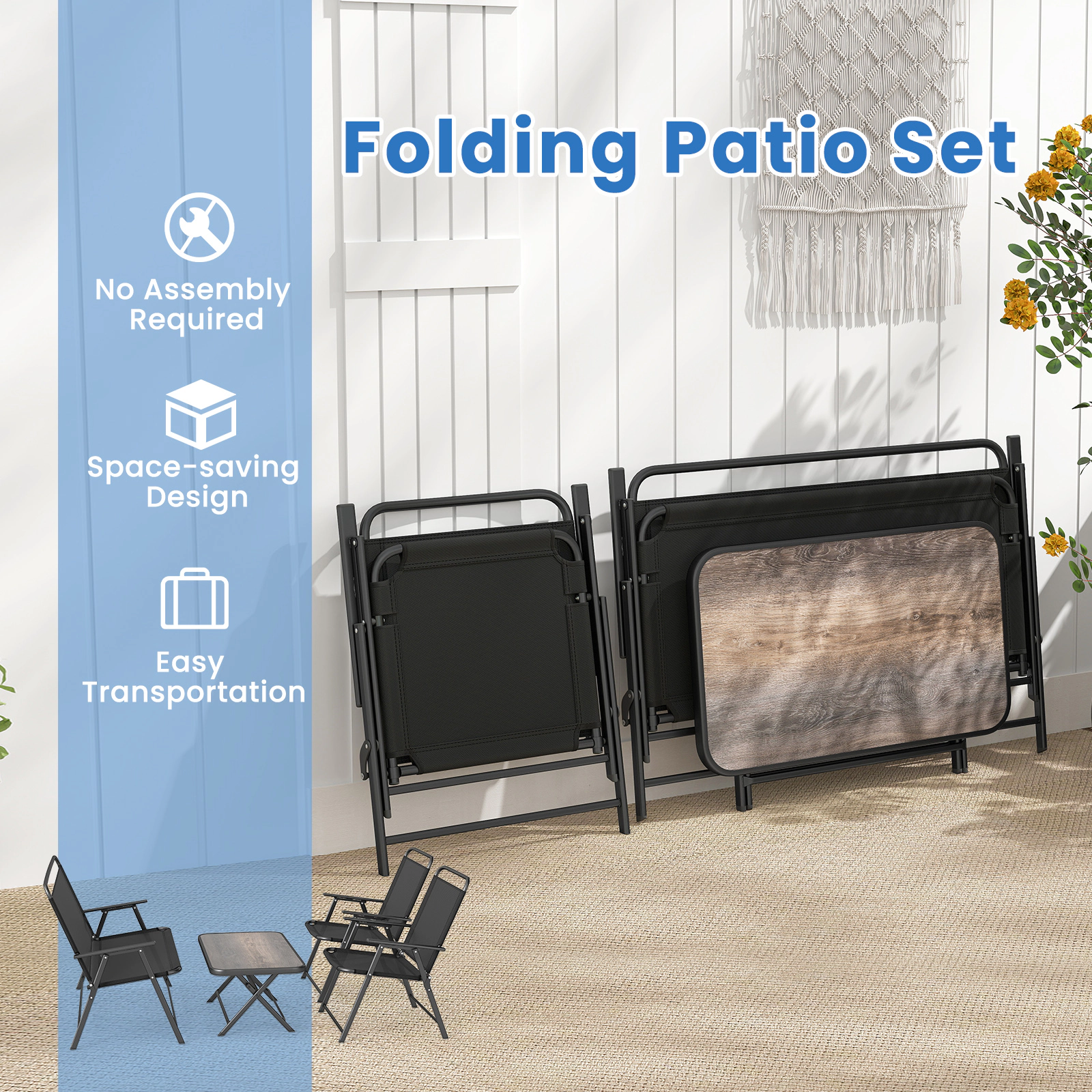 SUGIFT 4-Piece Folding Patio Conversation Set with SPC Coffee Table and Patio Chairs Black Fabric and Metal