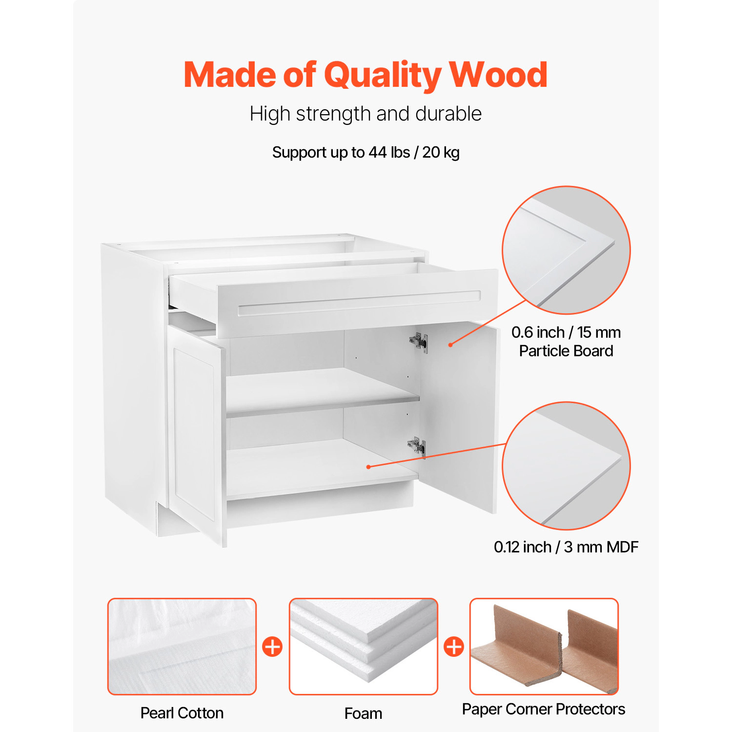 HONGGE White Shaker Base Cabinet with Soft-Close and Adjustable Shelf, Ready to Assemble