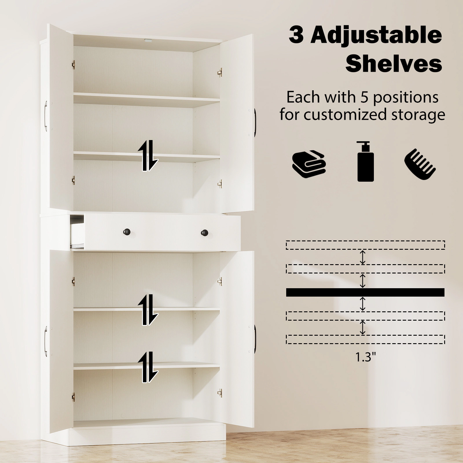 SUGIFT 72-in Tall White Kitchen Pantry Cabinet with 4 Barn Doors Drawer and 3 Adjustable Shelves