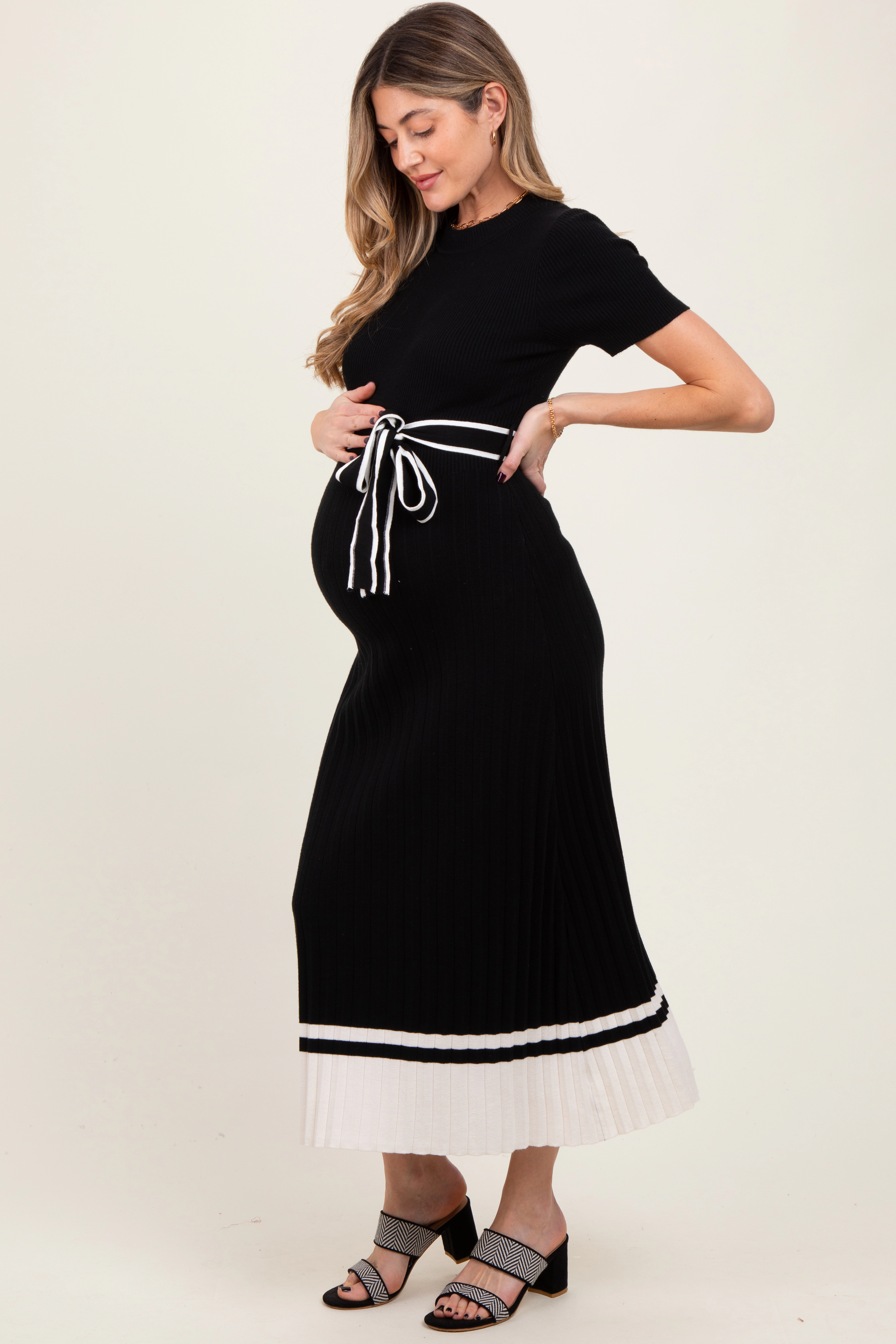 PinkBlush Womens Black Ribbed Knit Pleated Maternity Midi Dress