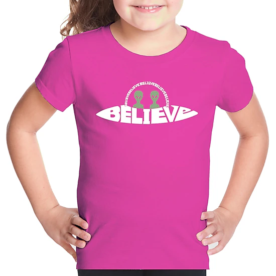 LA Pop Art Girls Word Art T-Shirt - Believe UFO