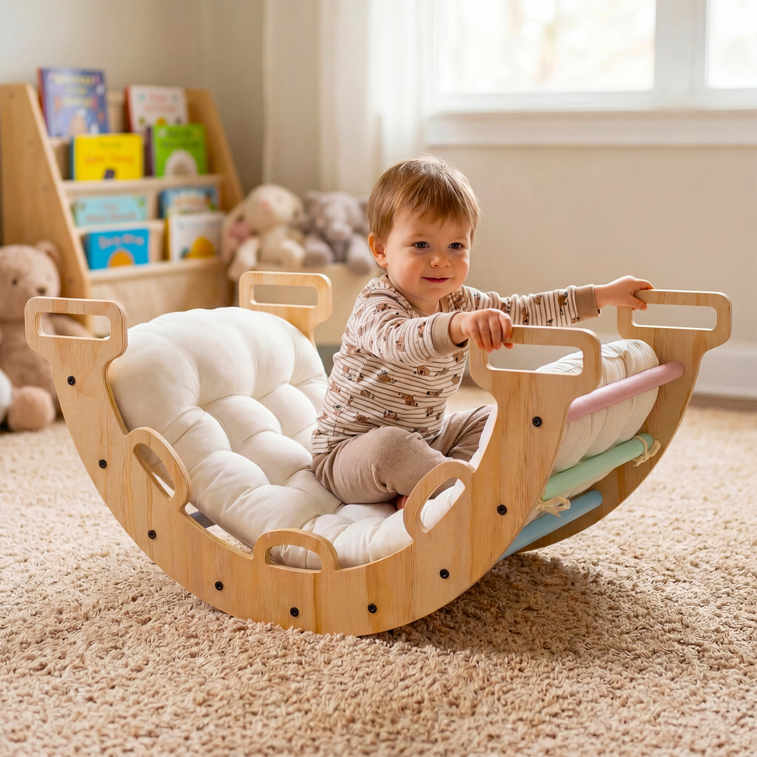 LJG Wooden Rocking Climbing Arch with Cushion -1 Montessori Kids Climber Rocker