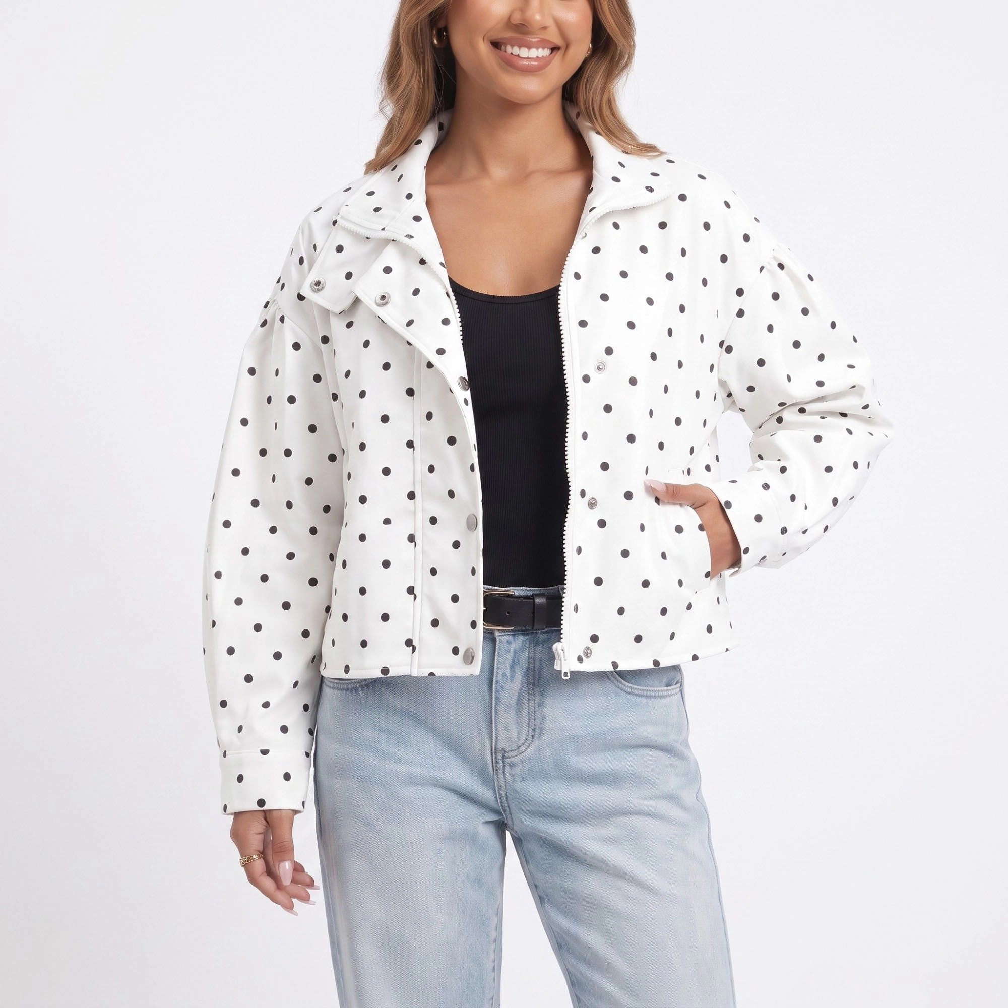 Anna-Kaci Women's Polka Dot Stand Collar Cropped Jacket Snap Front Relaxed Fit Long Sleeve