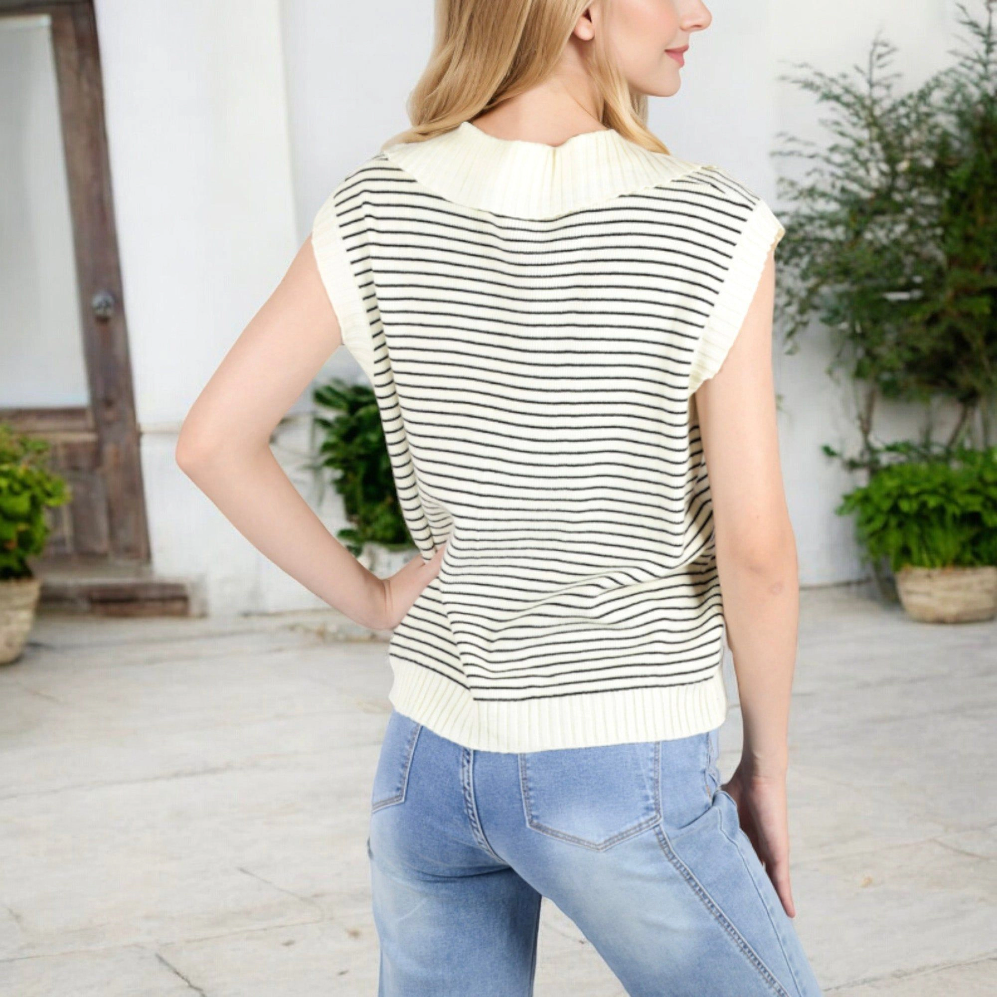 Anna-Kaci Women's Sleeveless Knit Striped V-Neck Sweater Vest with Ribbed Trim for Casual Styles
