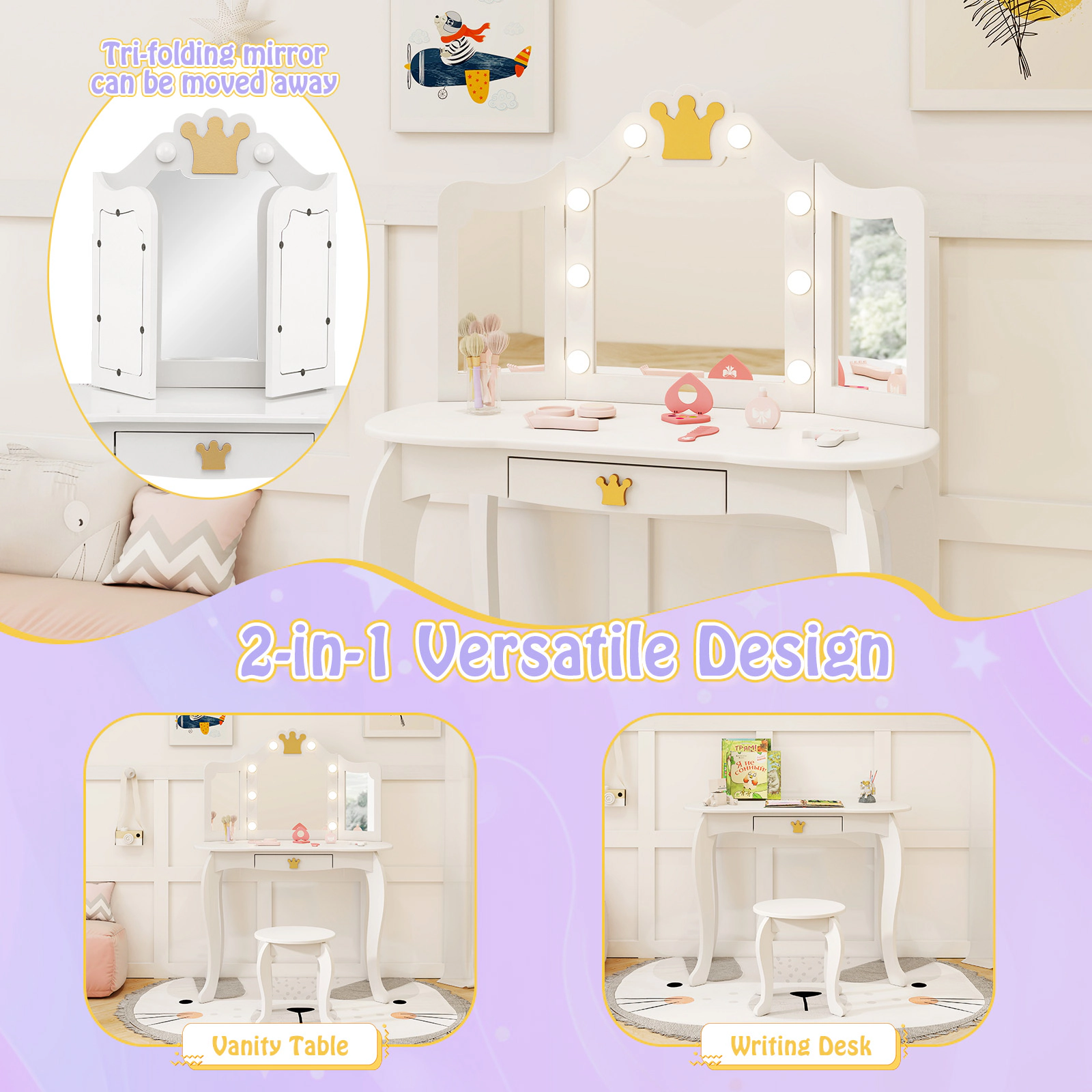 SUGIFT Kids Vanity Table and Stool Set with Lighted Tri-Fold Mirror in White