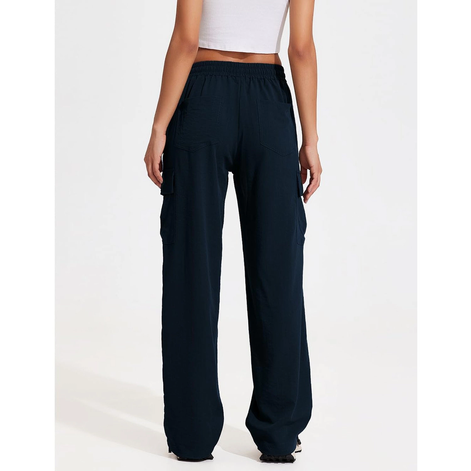 Pinspark Womens Solid Wide Leg Cargo Pants Elastic Waist Drawstring Casual Trousers