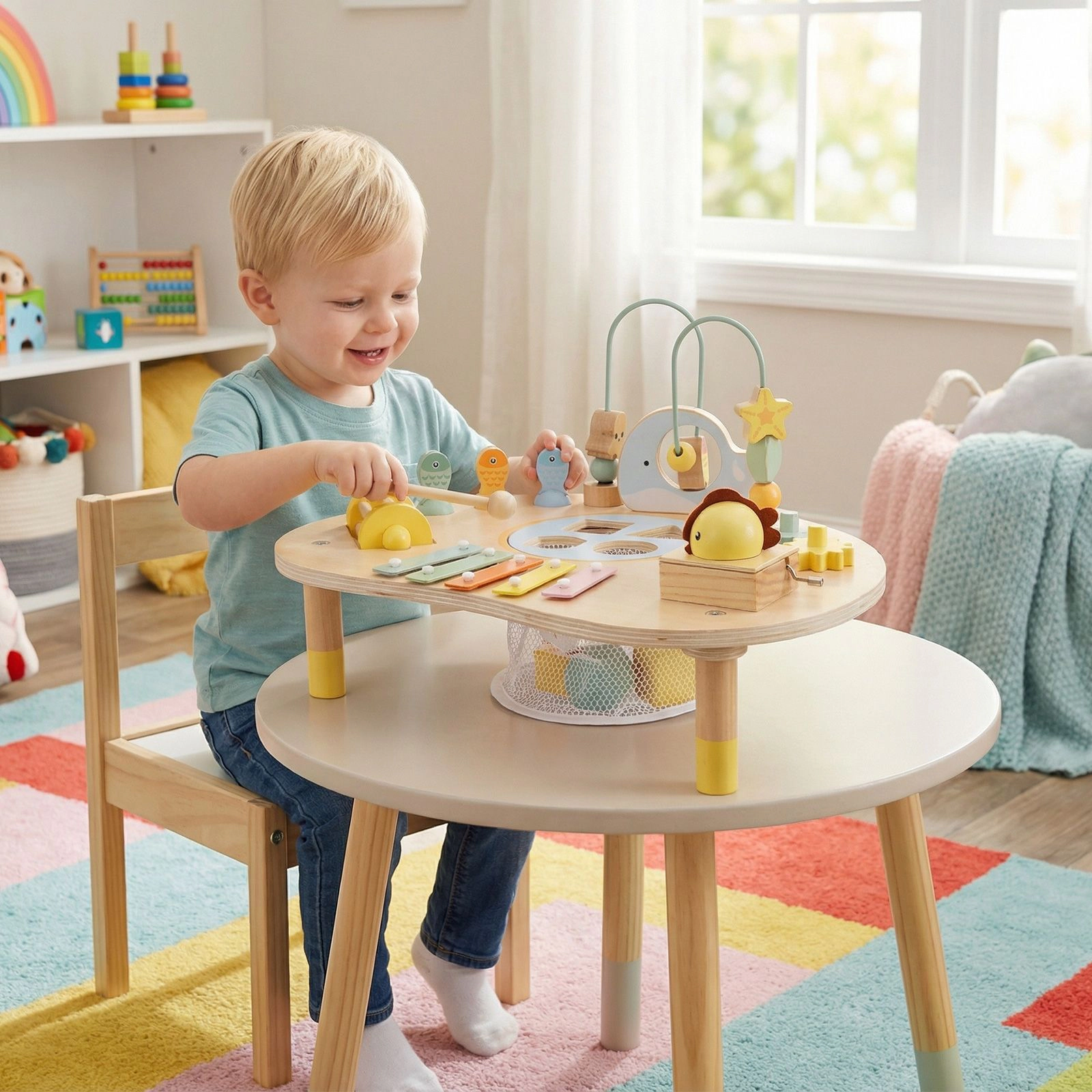 SlickBlue 7-in-1 Wooden kids Activity Table with Music and Learning Toys