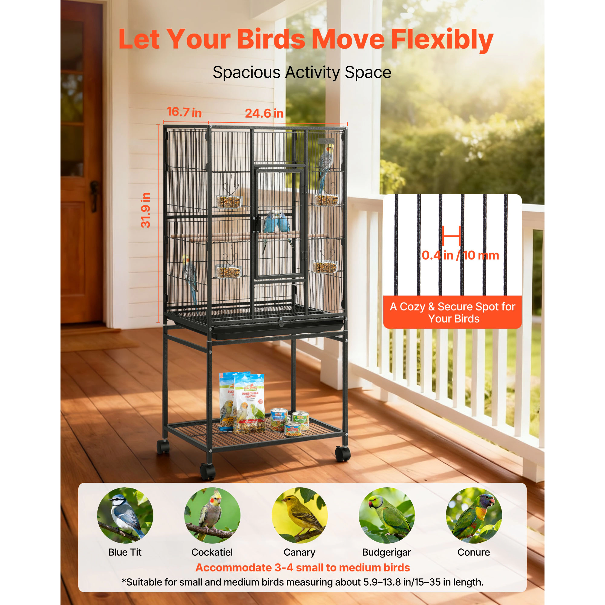 HONGGE Wrought Iron Flat-Top Bird Flight Cage with Casters, 24.6 x 16.7 x 53.9 in, Holds 3-4 Small-Medium Birds