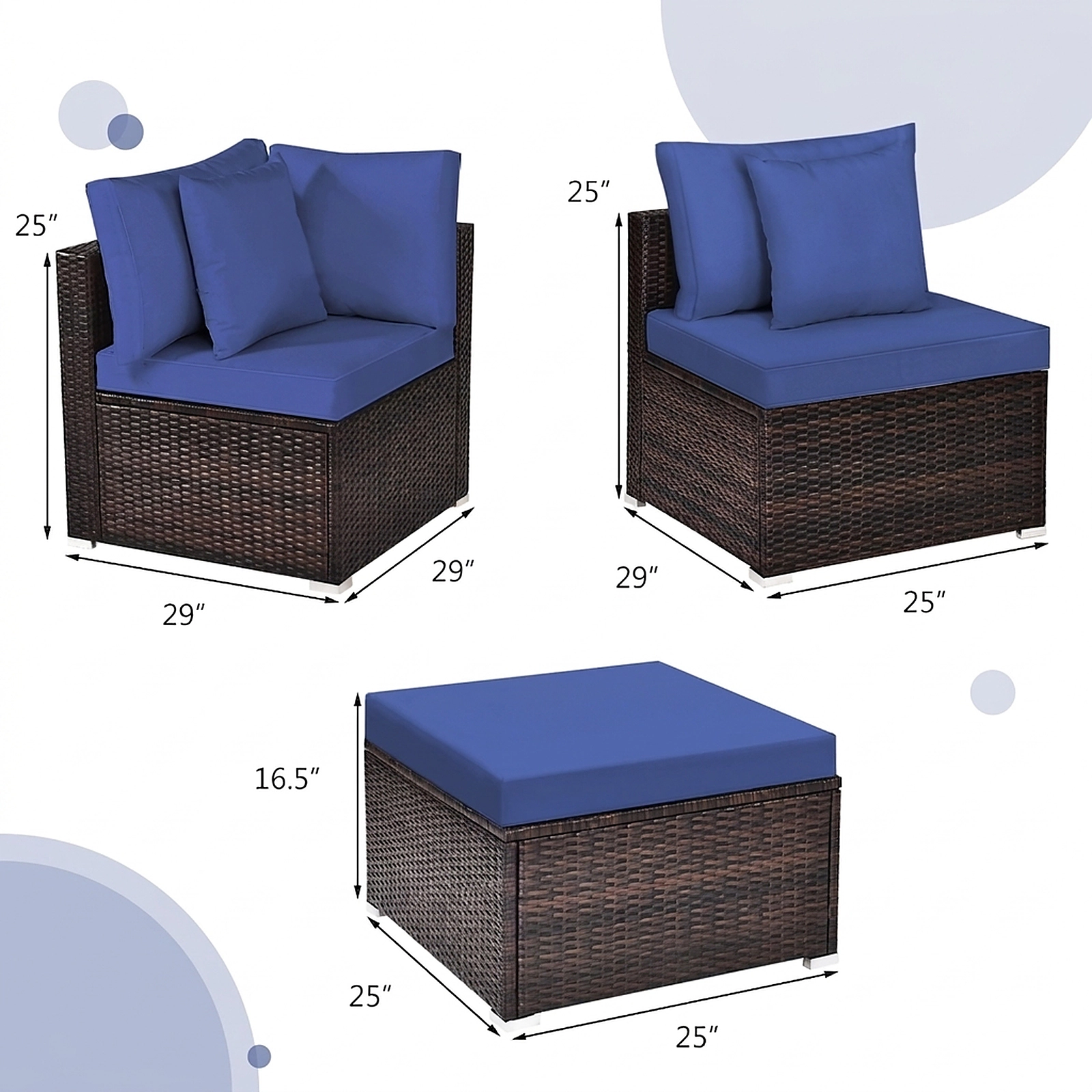 SUGIFT 4-Piece PE Rattan Wicker Patio Sectional Sofa Set Ottoman 360-lb Capacity Navy Cushions 4-in Thick Seat Cushions