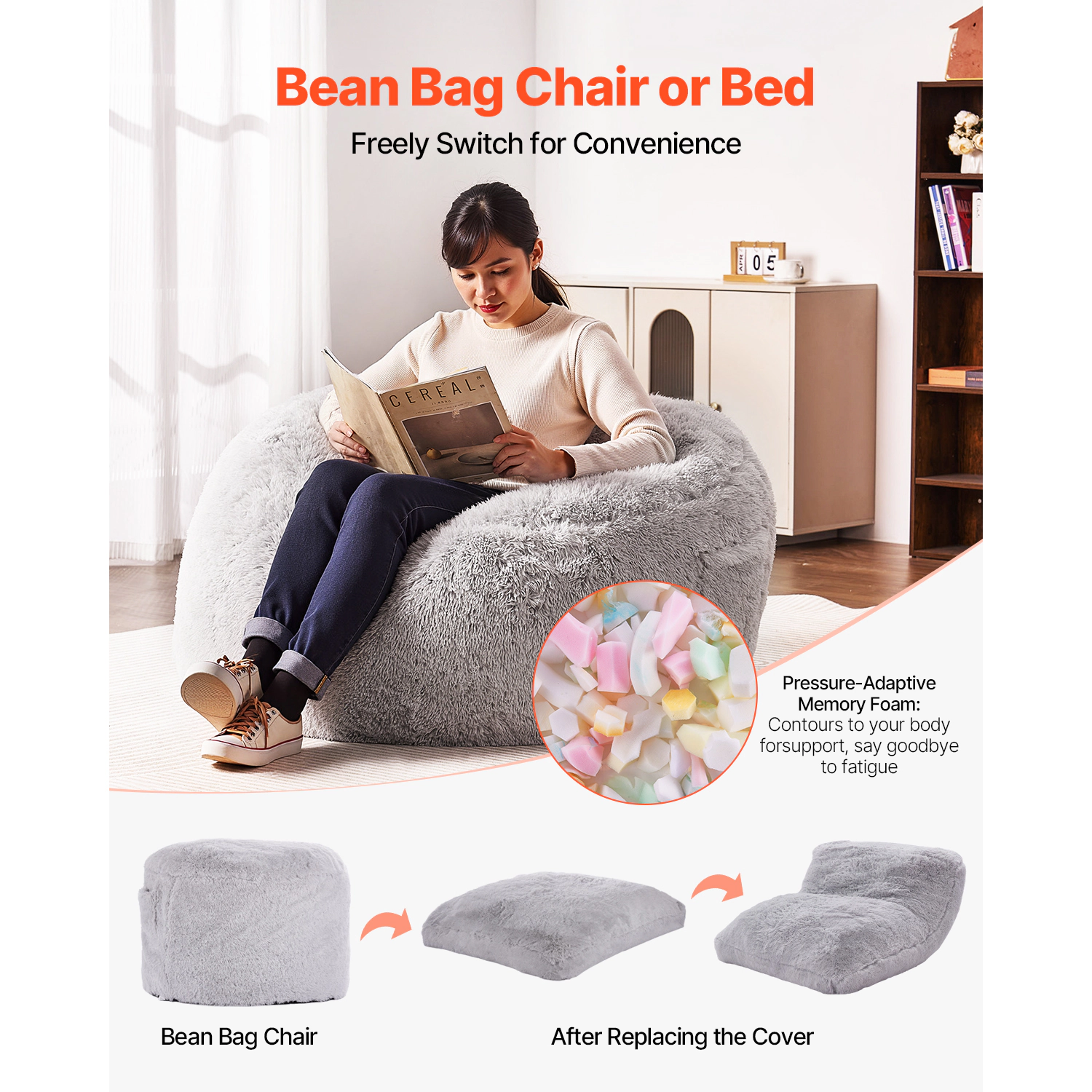 HONGGE Queen Size Convertible Bean Bag Chair Bed, Memory Foam Fill, Washable Cover & Side Pocket, Grey