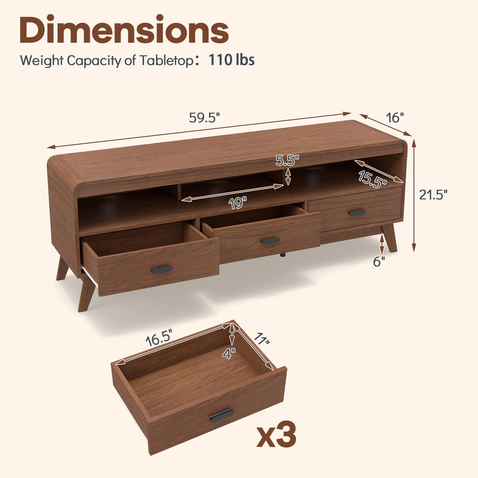 Glintex 59.5-Inch Mid-Century TV Stand with 3 Drawers and 3 Cable Holes, Walnut