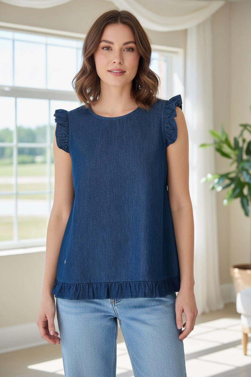 DressAtR Women's Blue Denim Ruffle Sleeveless Round Neck Blouse