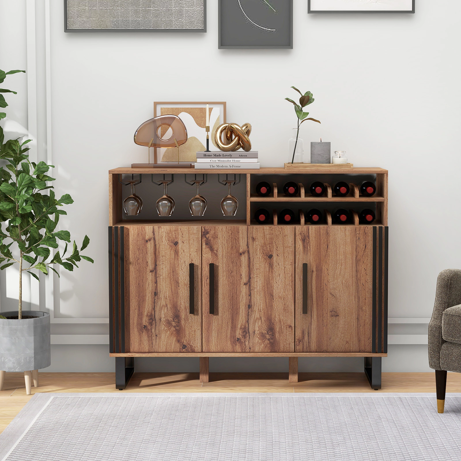 Hivvago Home Wine Bar Cabinet With 3 Doors And Adjustable Shelves-Brown