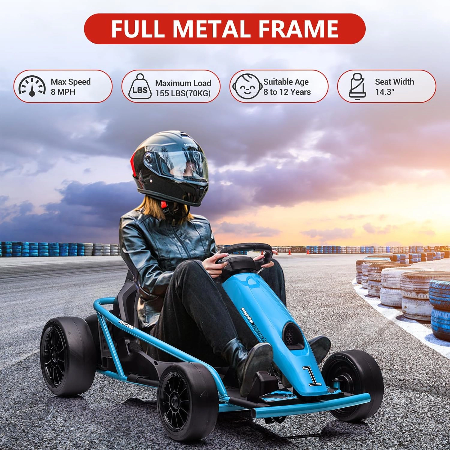 24V Electric Go Kart for Kids 8-12, Drift Car w/Dual 300W Motors, 8MPH, Music, Slow Start, Seatbelt, Racing Toy