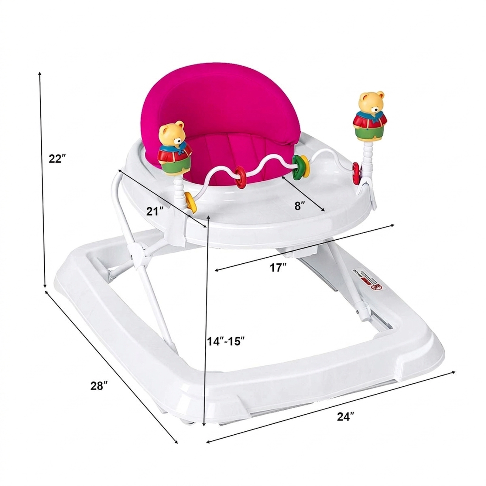Portable Folding Baby Walker for Girls with Wheels 3 Adjustable Heights Removable Toys Pink