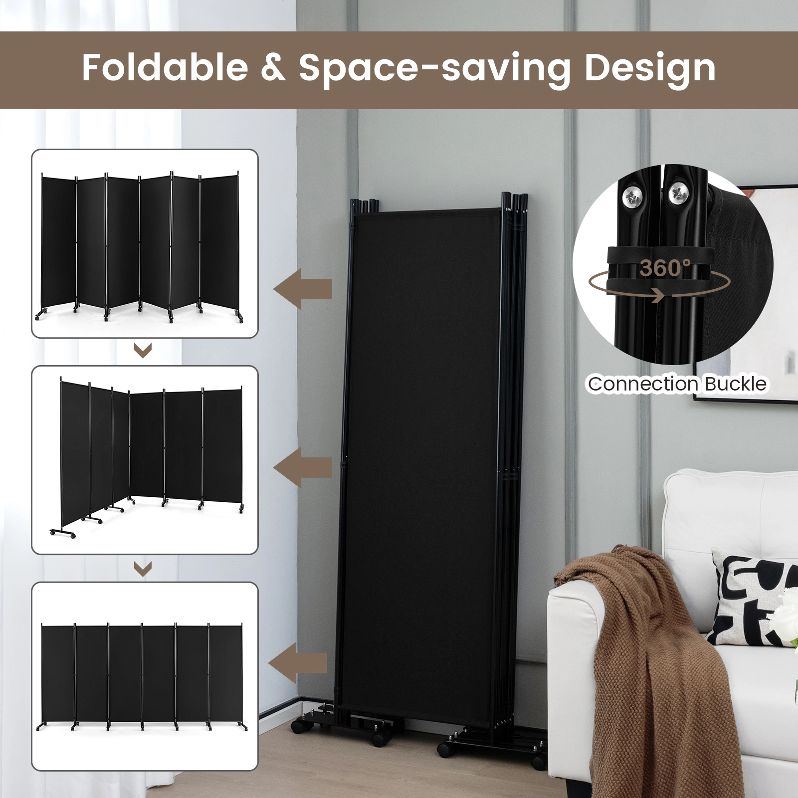 SUGIFT 6-Panel Metal Frame Polyester Panels Rolling Room Divider 132-in x 68-in 1.5-in Wheels 28-lb Black