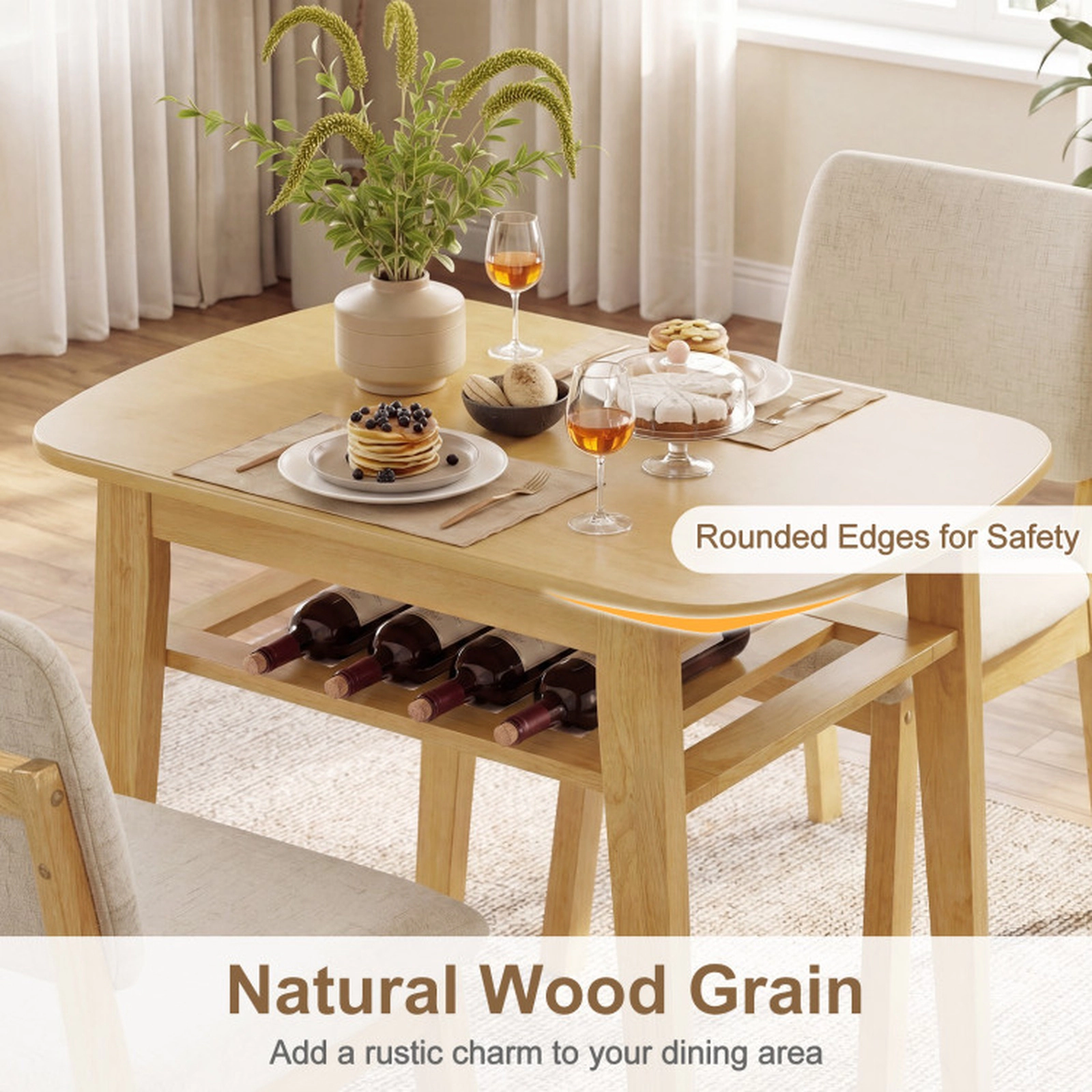 SUGIFT 3-Piece Wood Dining Table Set for 2 with Upholstered Chairs 220-lb Tabletop Capacity Beige and Natural