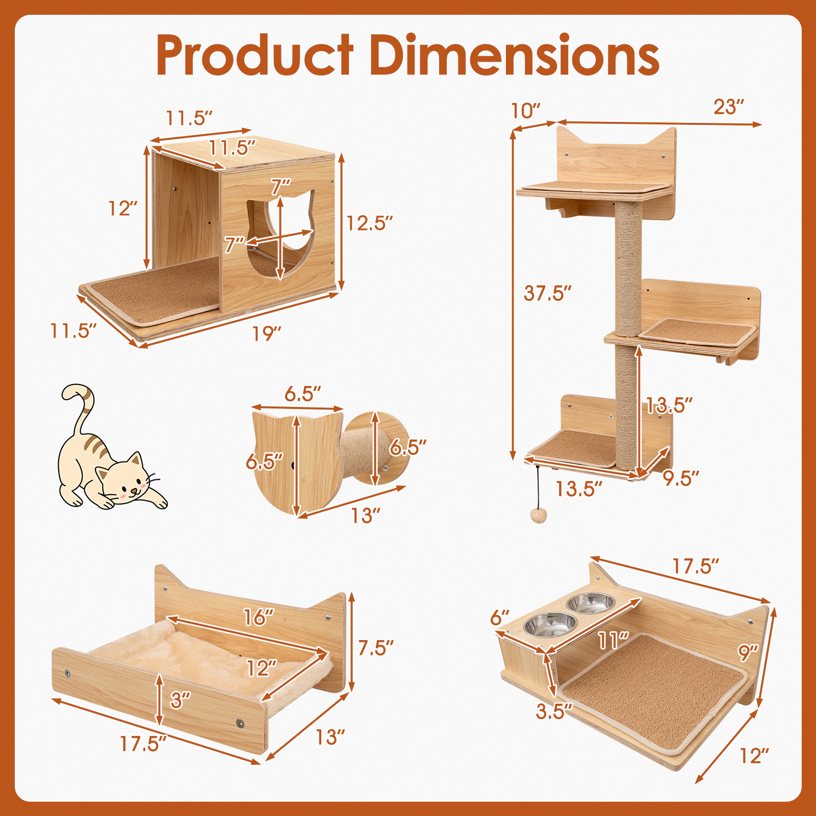 Glintex 6-Piece Wall-Mounted Cat Shelf Set with Feeding Station and 3-Level Tower, Natural