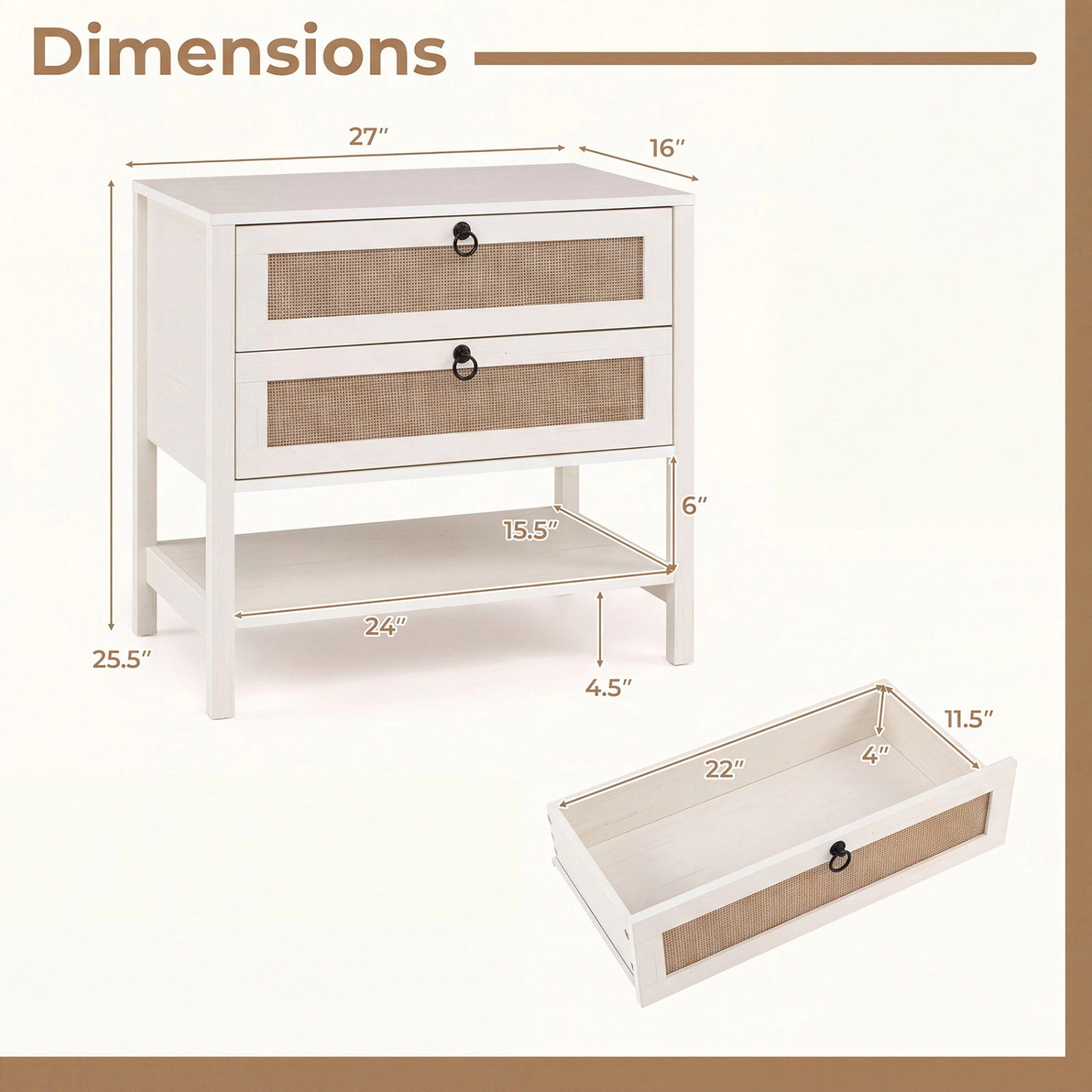SUGIFT Whitewashed Oak 2 Drawers and Bottom Open Shelf 27 Inch Boho Rattan Nightstand