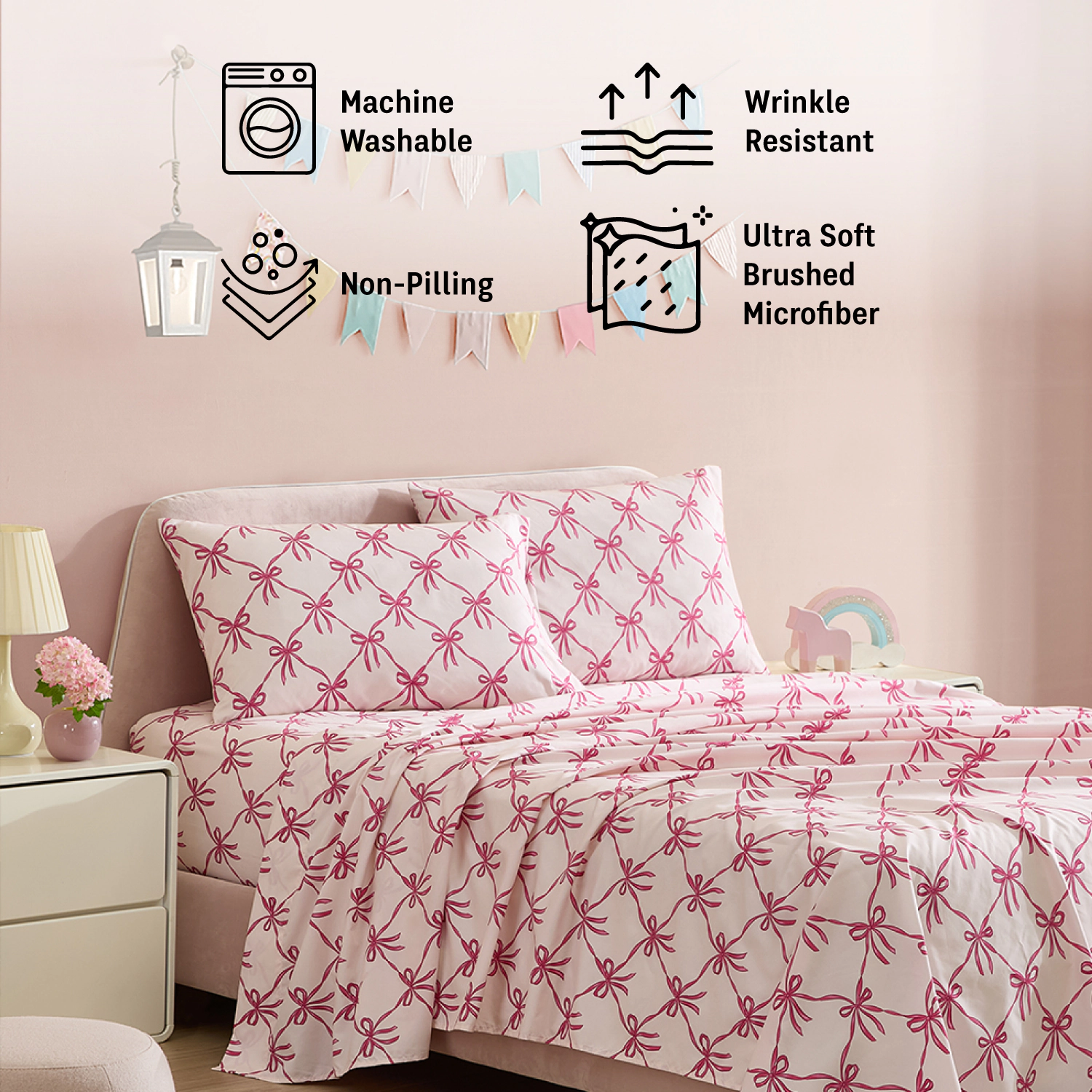 HLC.ME Bows Girls Bed Sheets Set Printed Patterned - Wrinkle Resistant & Ultra Soft - Fits Mattresses up to 15 in Deep