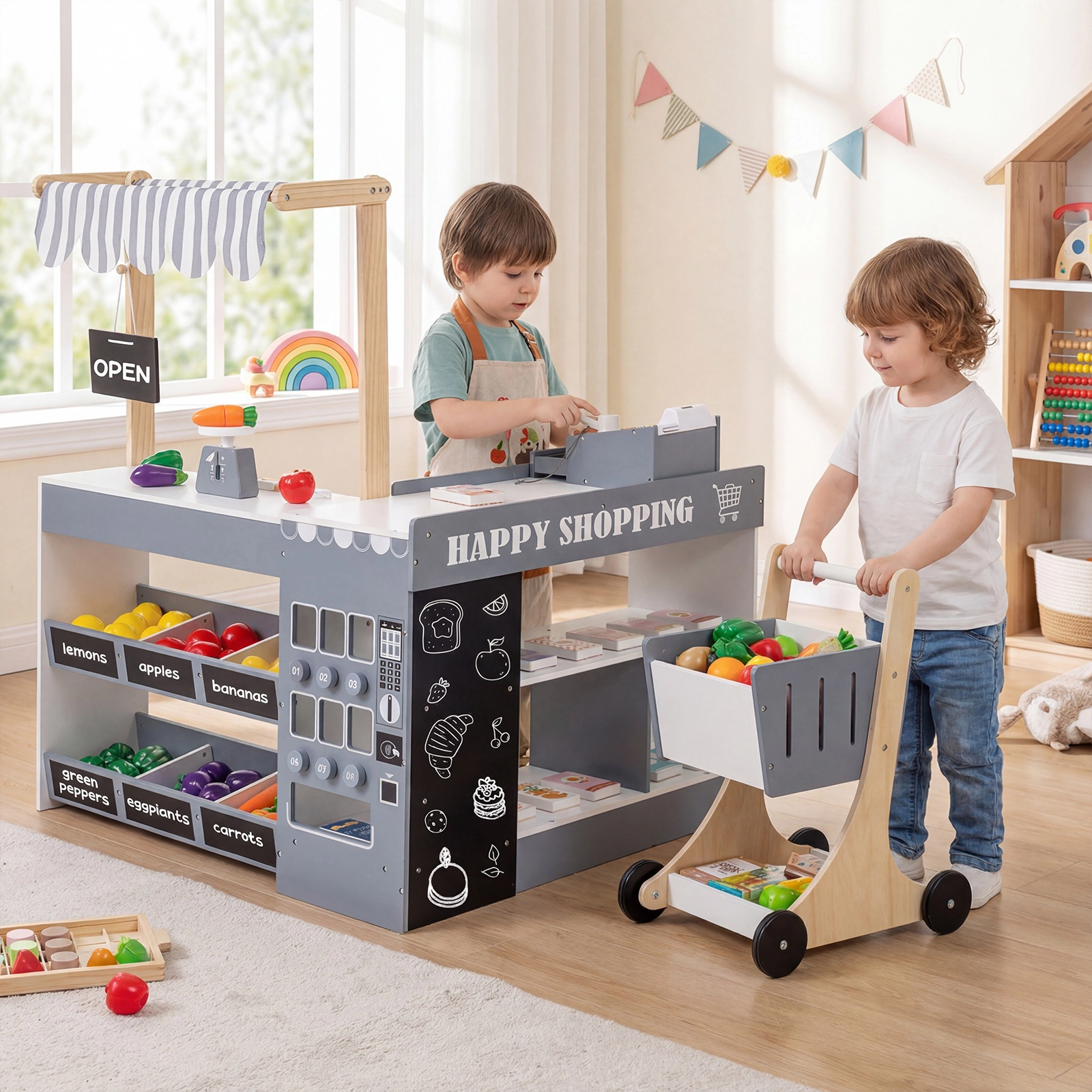 SUGIFT Gray Shopping Cart Kids Wooden Grocery Store Playset Pretend Supermarket